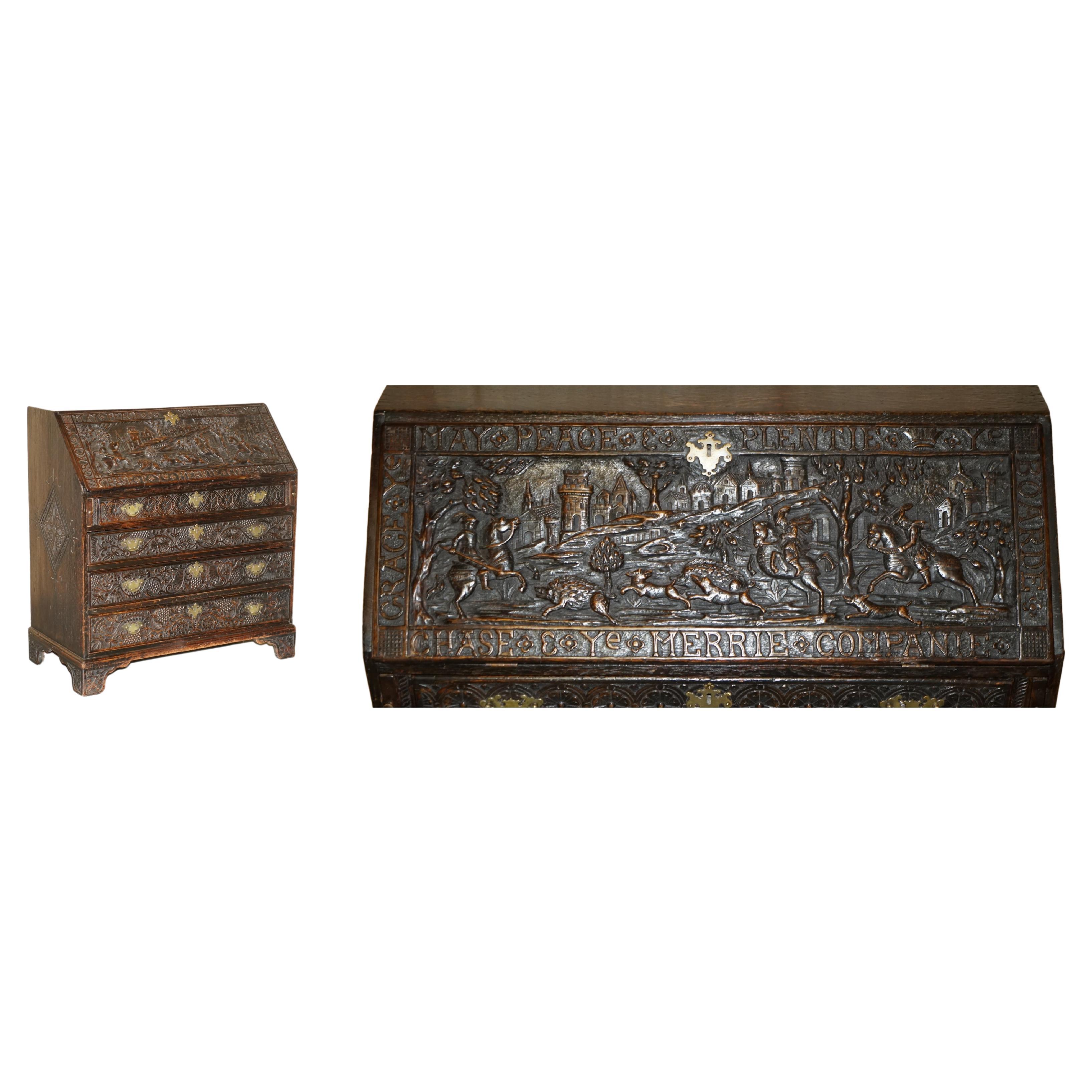 Antique Stunning circa 1780 Jacobean Hand Carved Bureau Desk with Hunting Scene For Sale