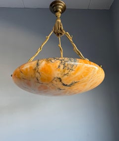 Antique Stunning & Extra Large 23.6 Ø Alabaster Dish Shade Pendant w Rope ca1920