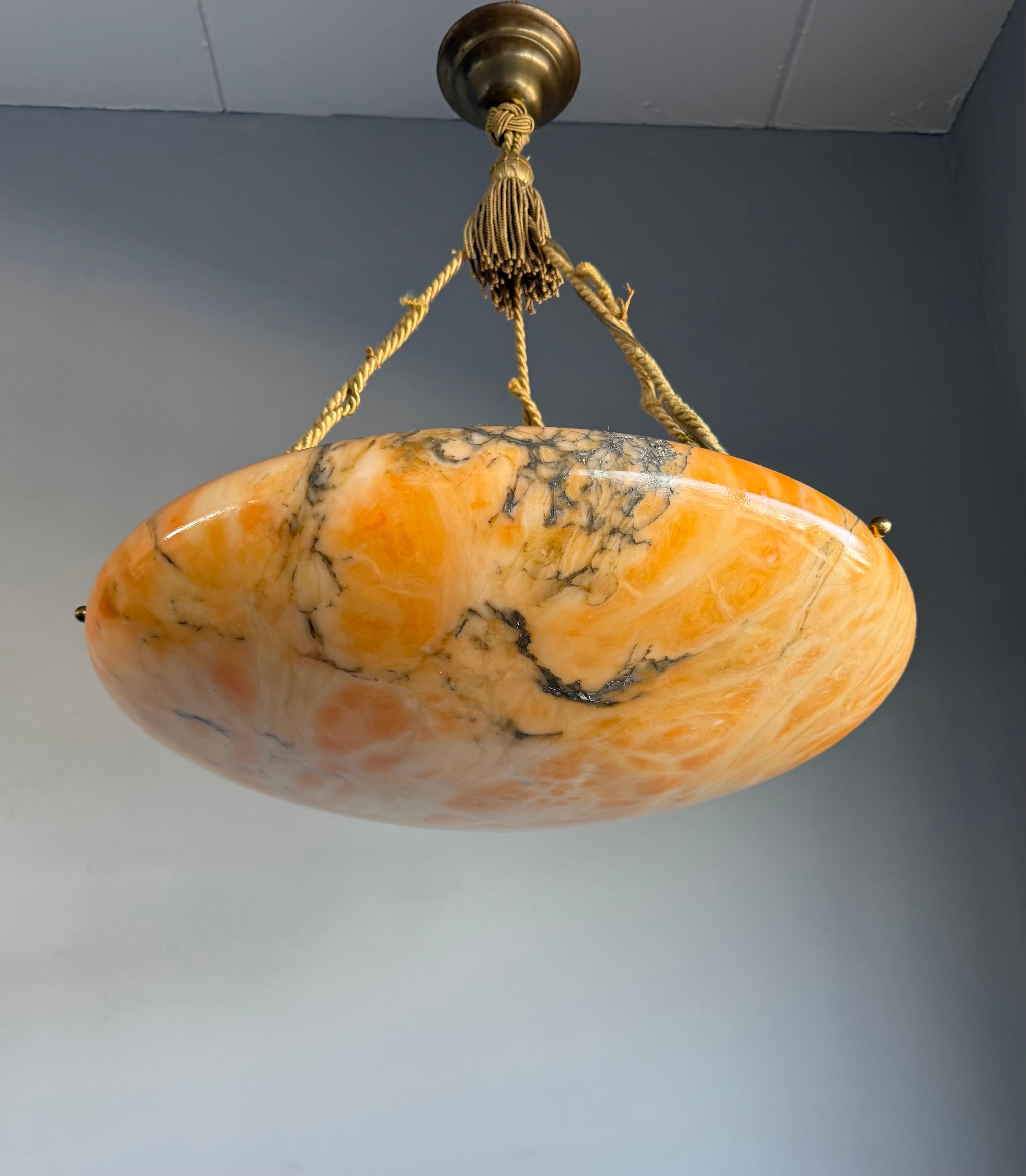 Art Deco Antique Stunning & Extra Large 23.6 Ø Alabaster Dish Shade Pendant w Rope ca1920 For Sale