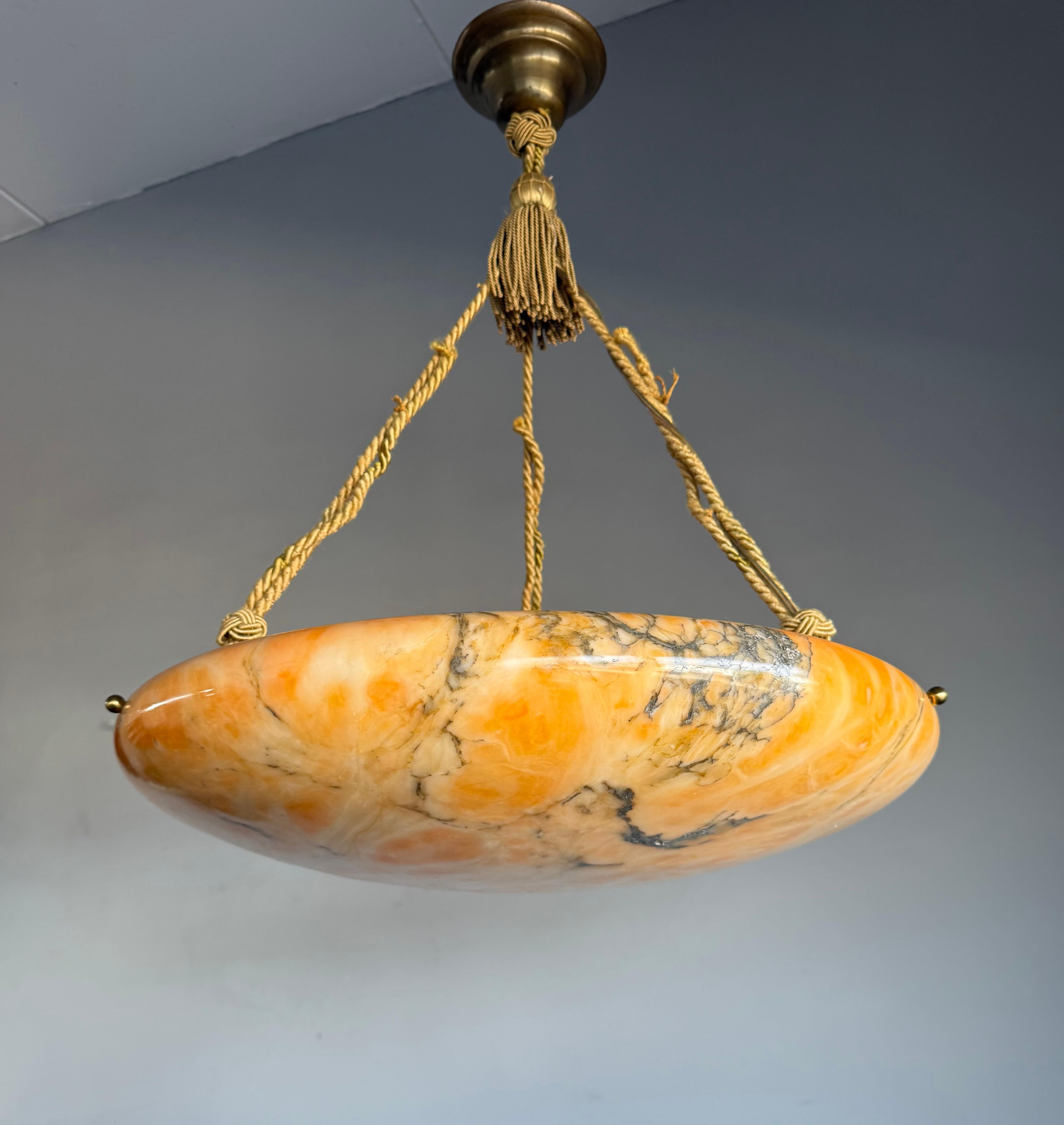 European Antique Stunning & Extra Large 23.6 Ø Alabaster Dish Shade Pendant w Rope ca1920 For Sale