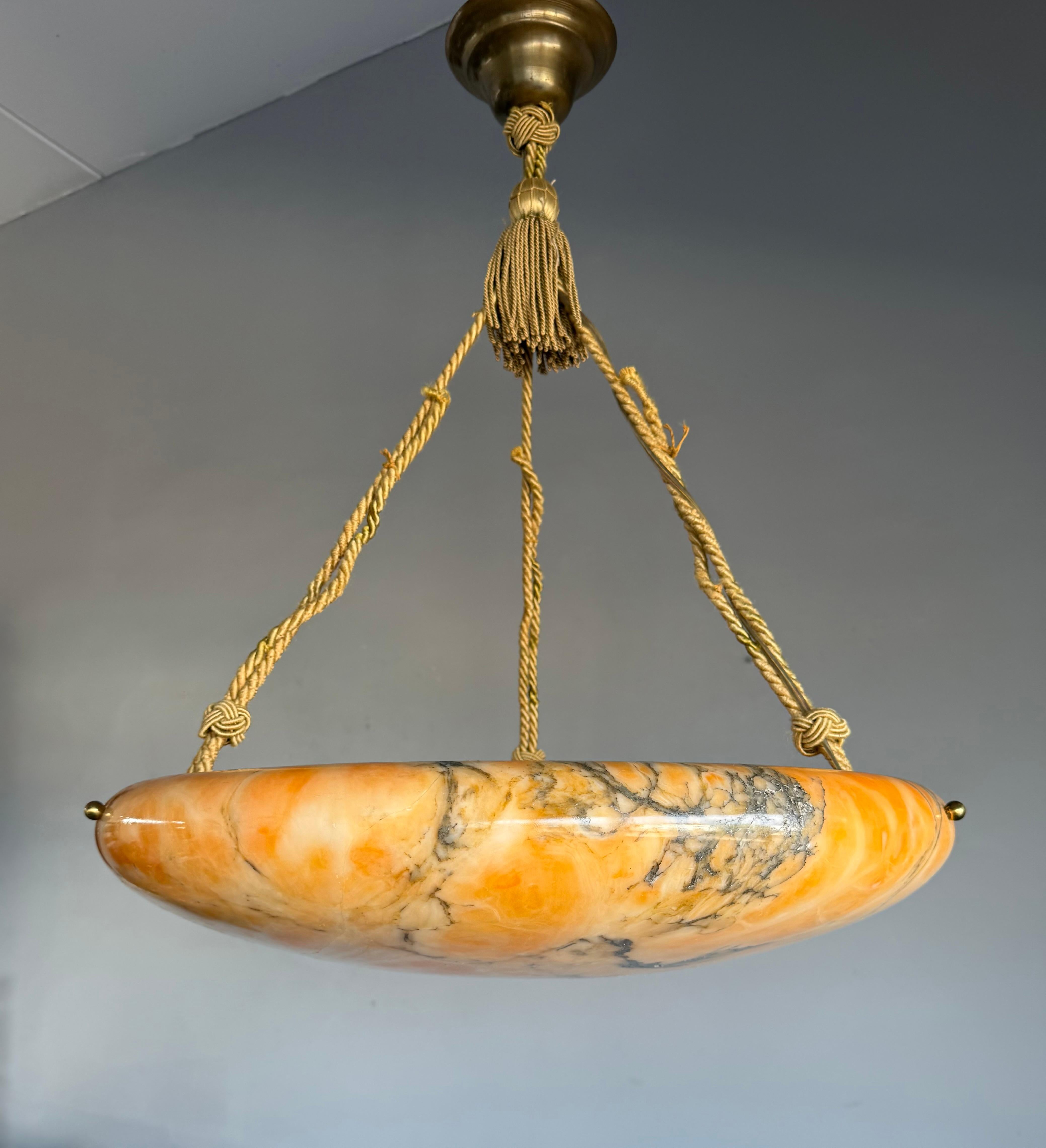 Hand-Carved Antique Stunning & Extra Large 23.6 Ø Alabaster Dish Shade Pendant w Rope ca1920 For Sale