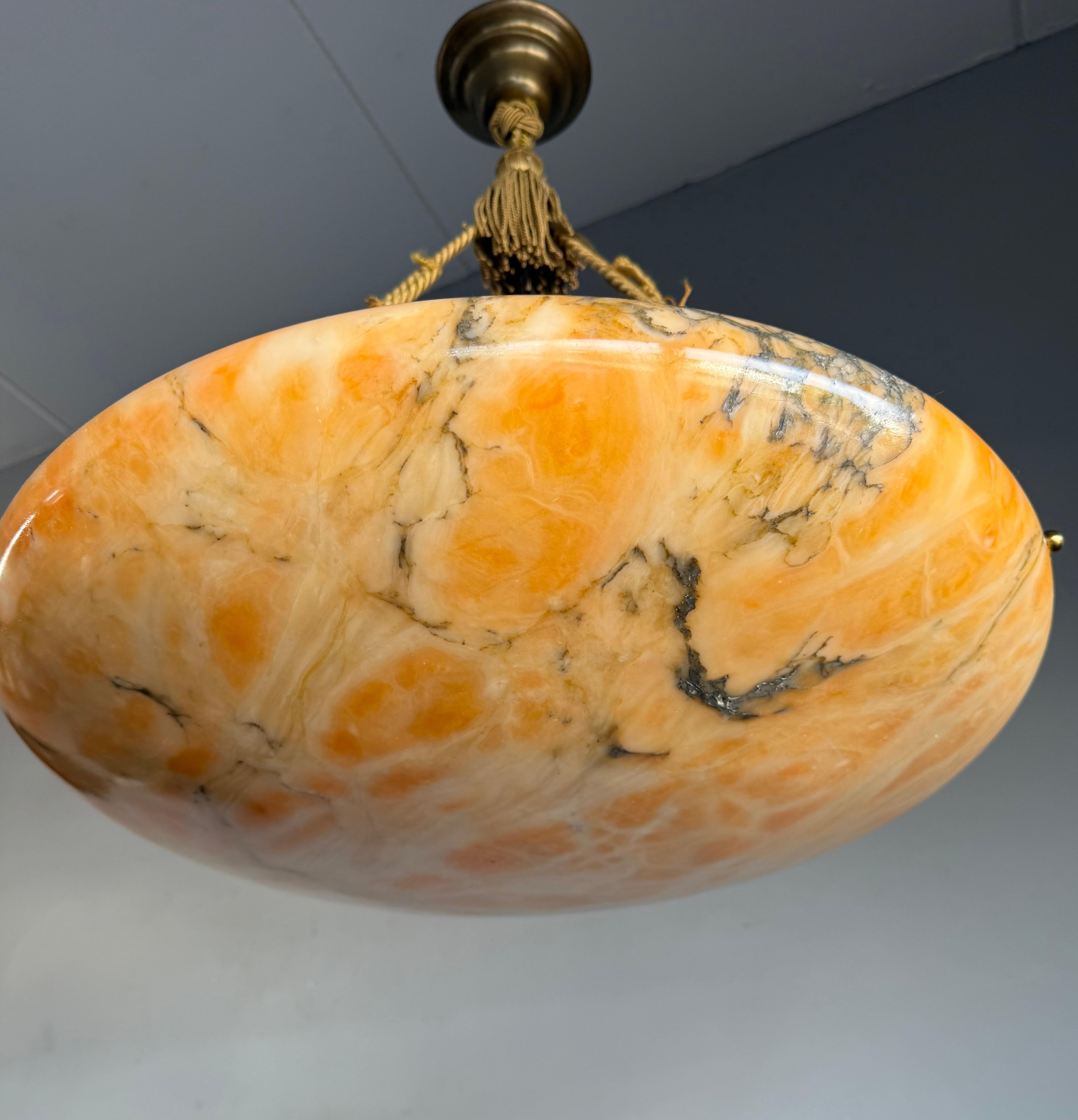 Brass Antique Stunning & Extra Large 23.6 Ø Alabaster Dish Shade Pendant w Rope ca1920 For Sale