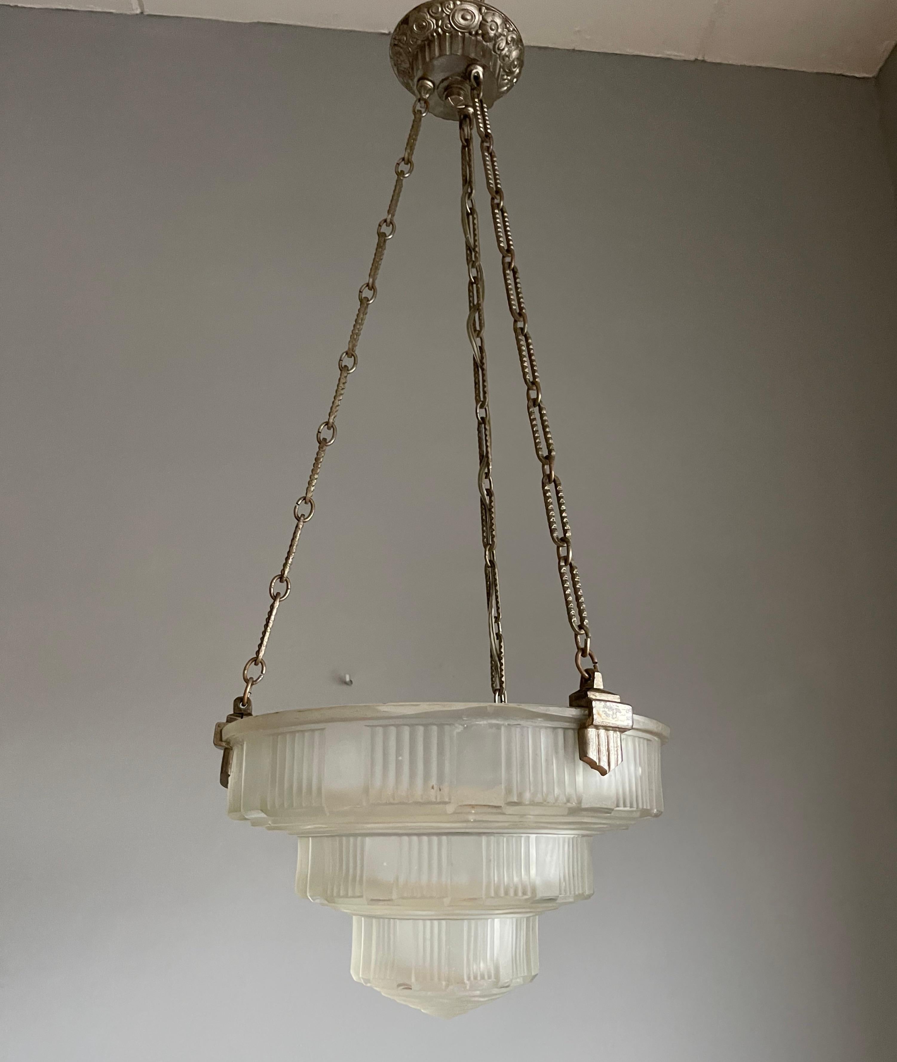 Antique & Stunning French Art Deco, Nickel Plated / Pressed Glass Pendant Light 4