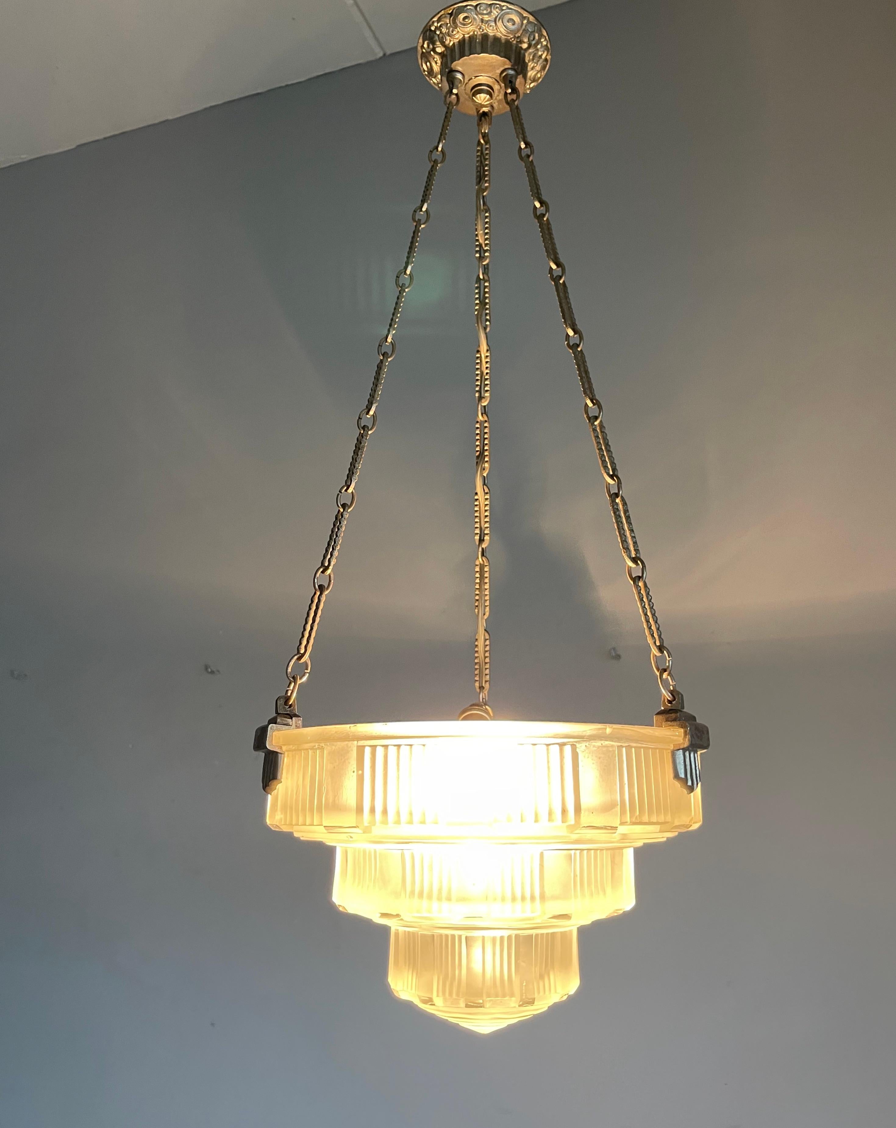 Antique & Stunning French Art Deco, Nickel Plated / Pressed Glass Pendant Light 5