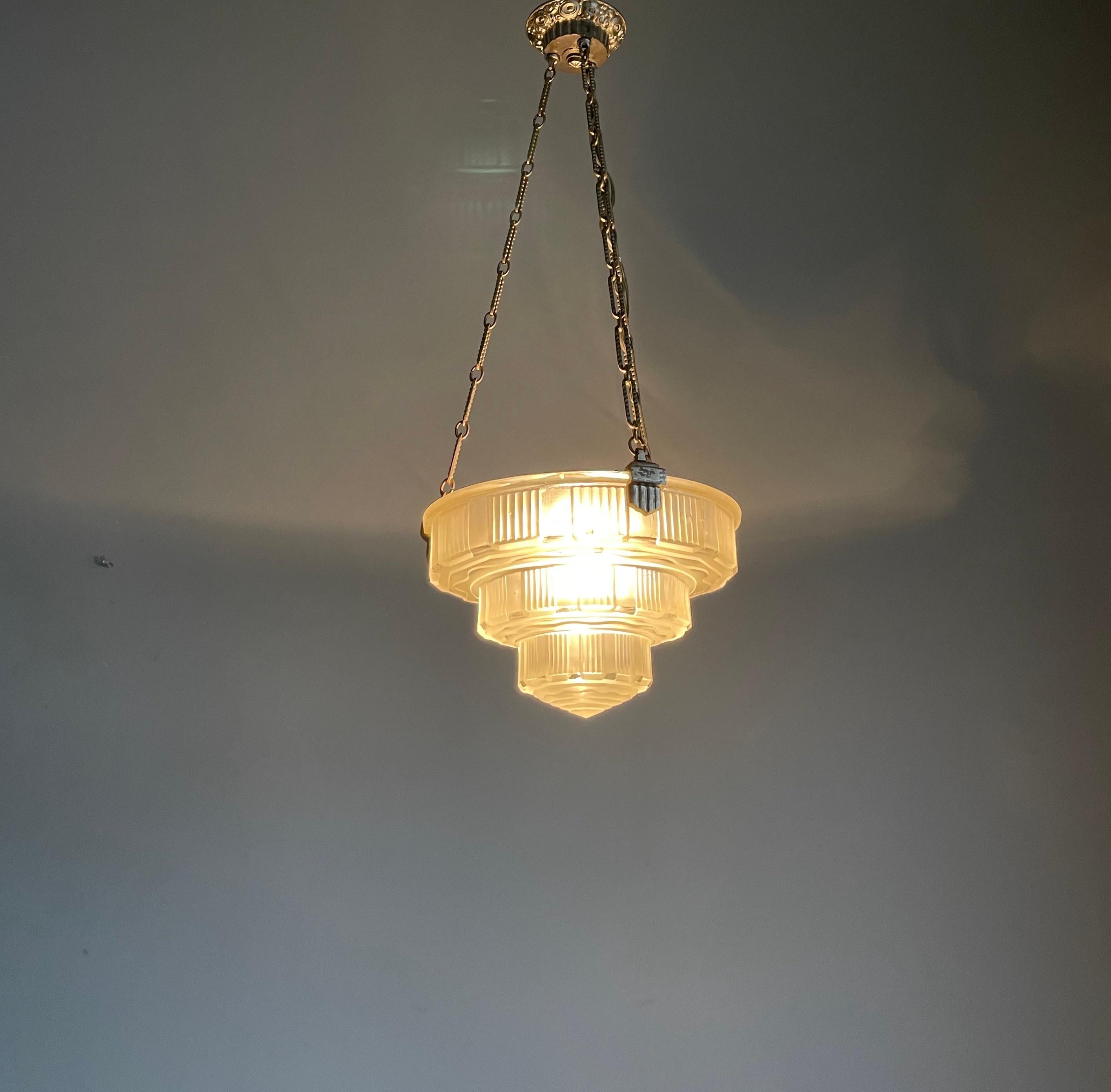 Antique & Stunning French Art Deco, Nickel Plated / Pressed Glass Pendant Light 6