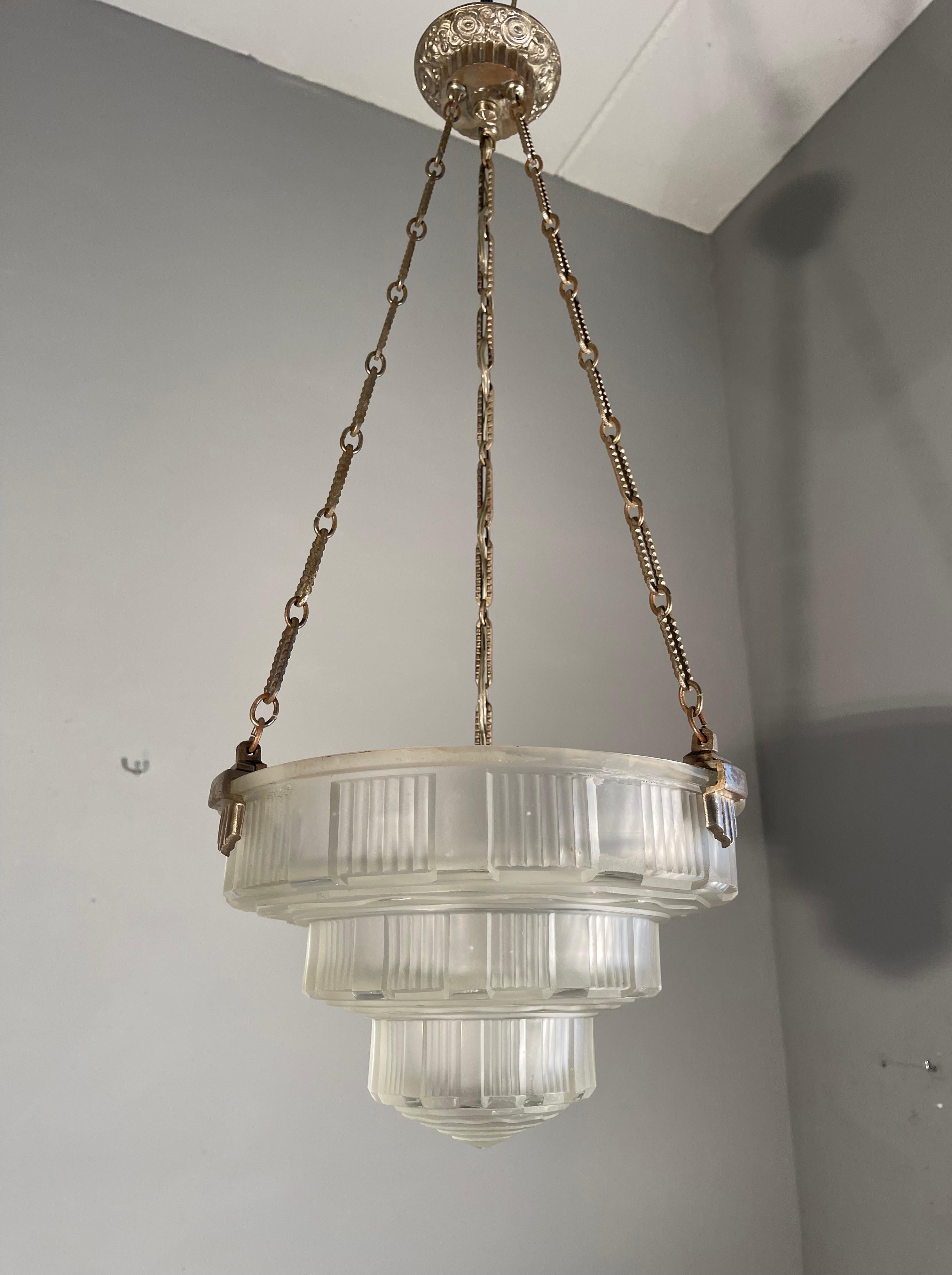 Antique & Stunning French Art Deco, Nickel Plated / Pressed Glass Pendant Light 10