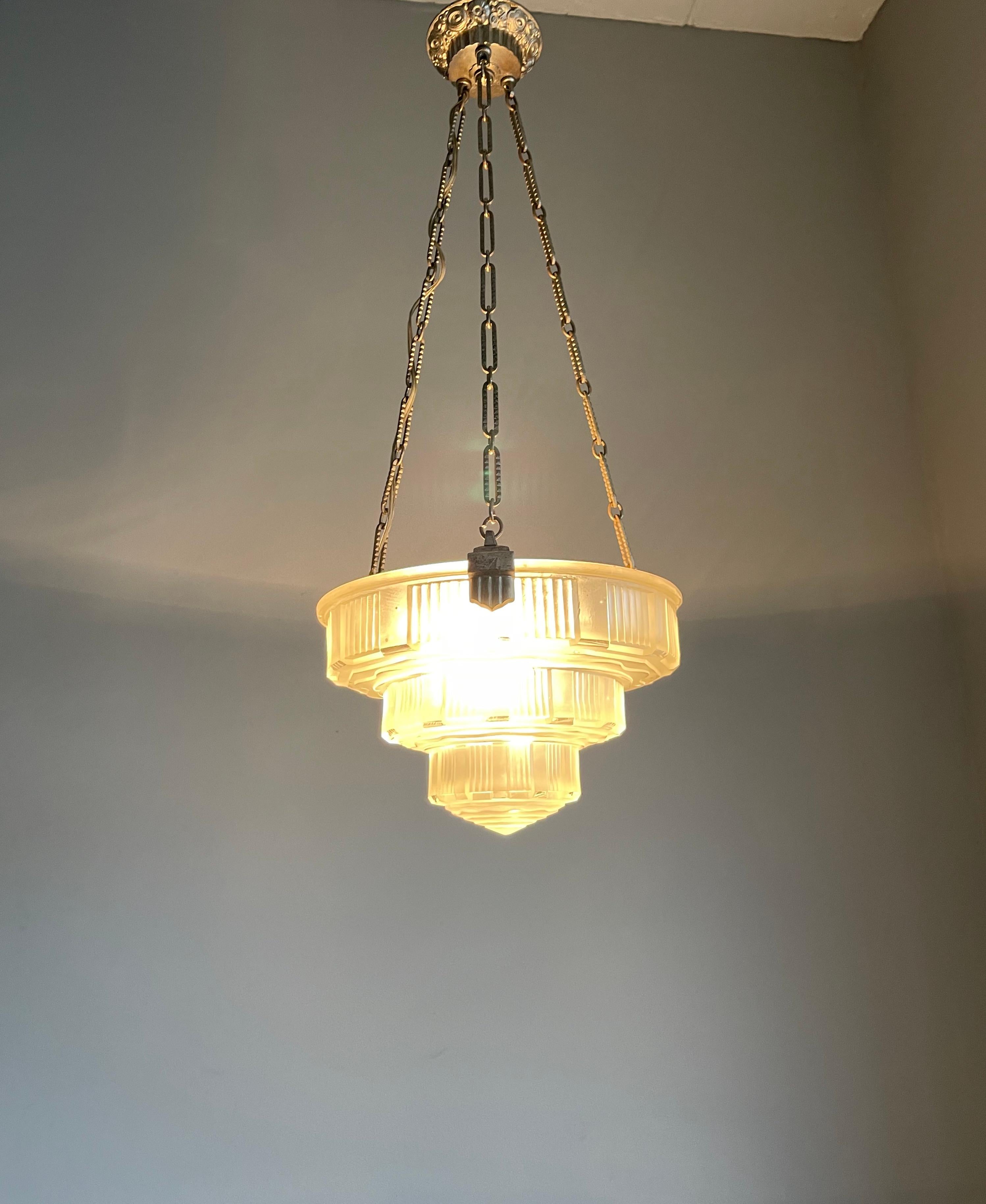 Antique & Stunning French Art Deco, Nickel Plated / Pressed Glass Pendant Light 14