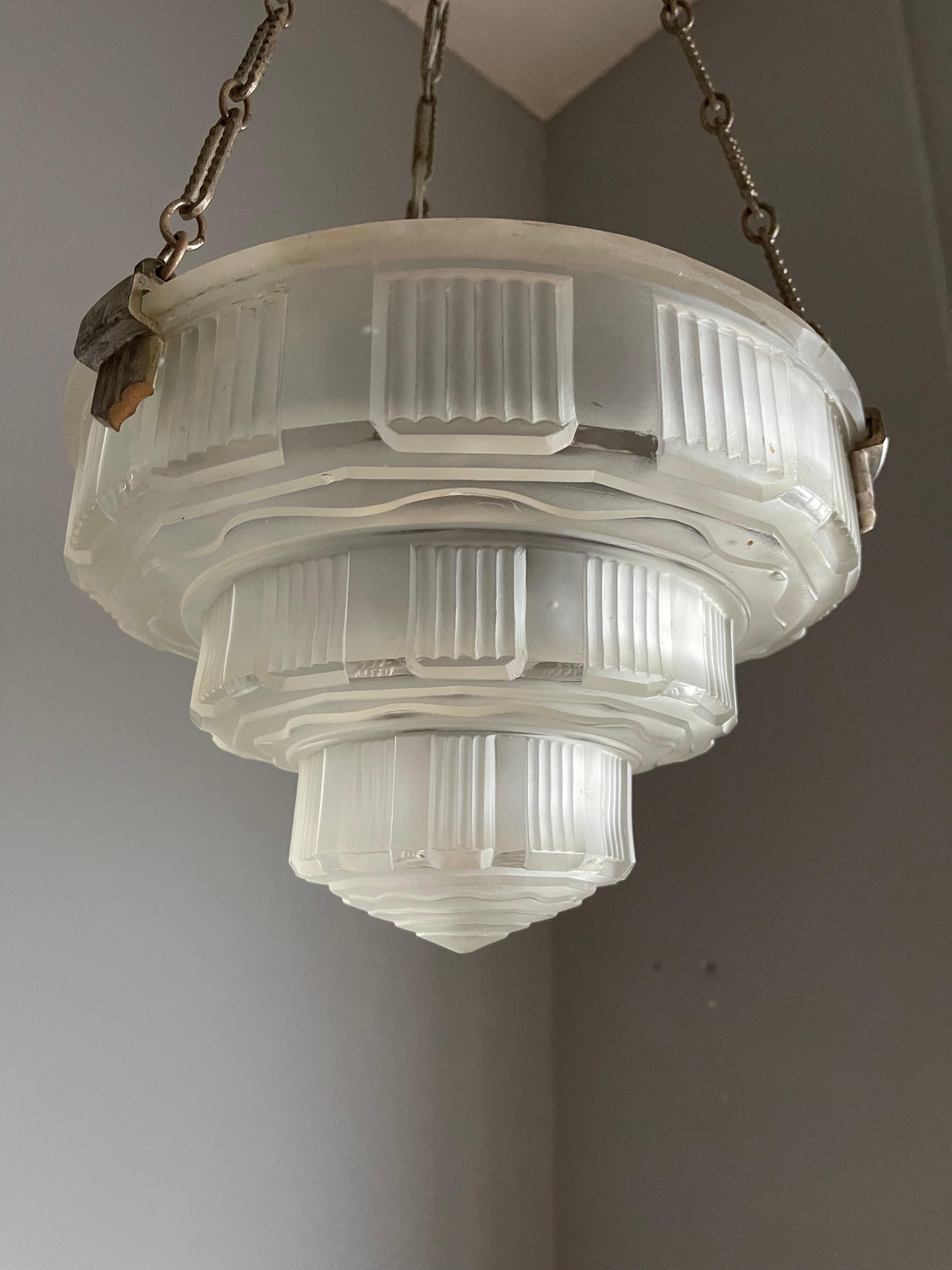 Hand-Crafted Antique & Stunning French Art Deco, Nickel Plated / Pressed Glass Pendant Light