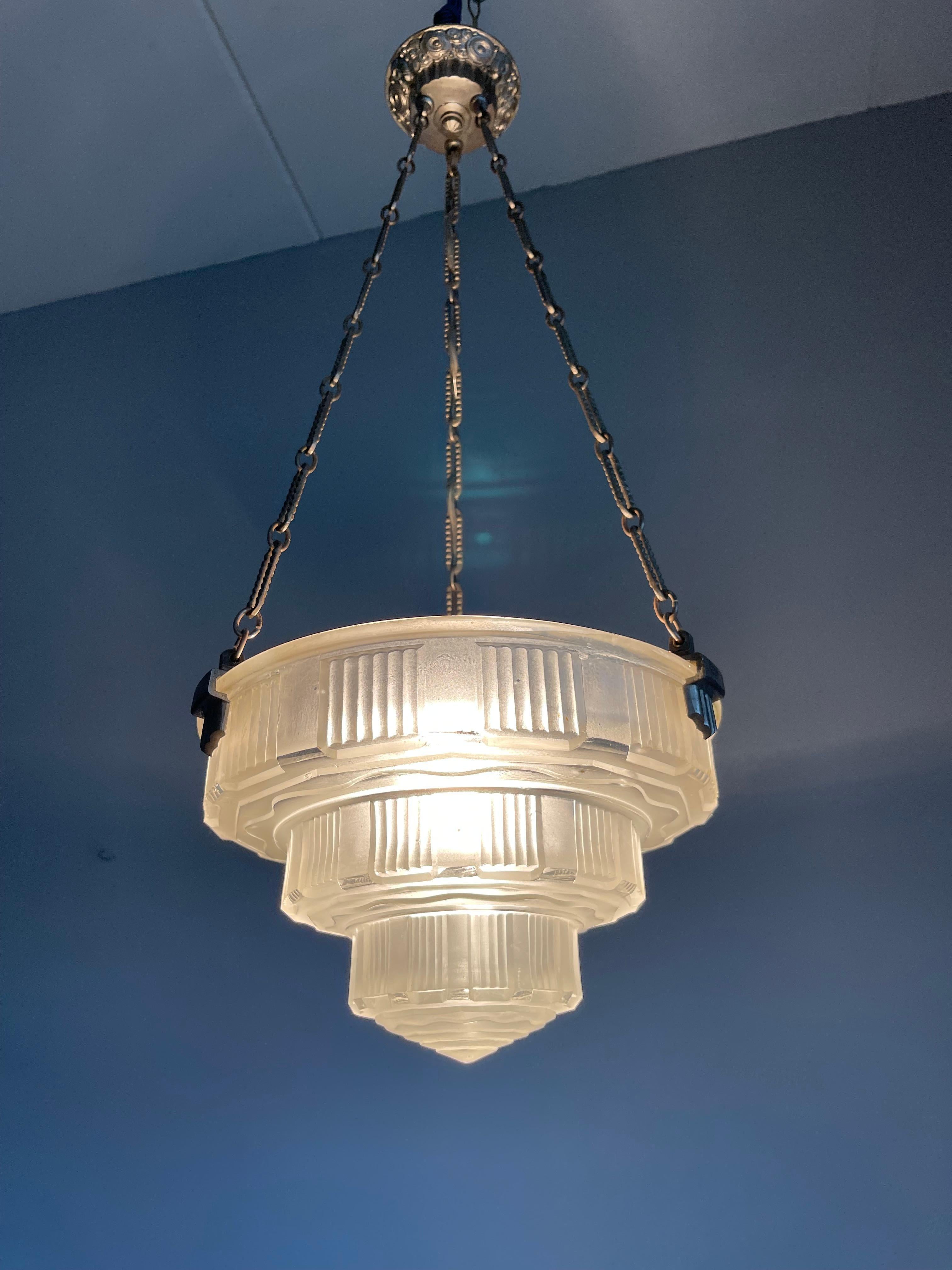 Antique & Stunning French Art Deco, Nickel Plated / Pressed Glass Pendant Light In Good Condition In Lisse, NL