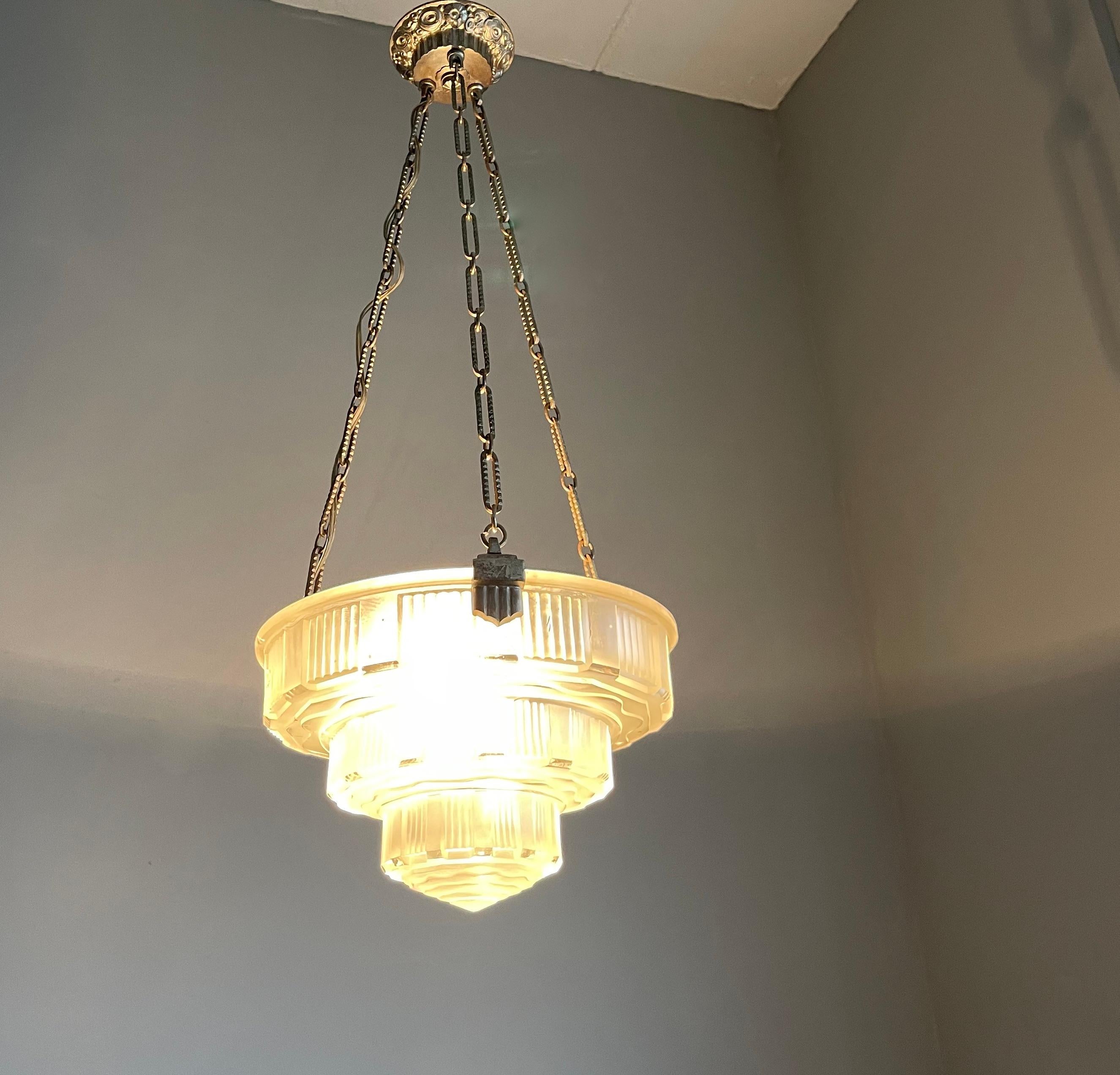 20th Century Antique & Stunning French Art Deco, Nickel Plated / Pressed Glass Pendant Light