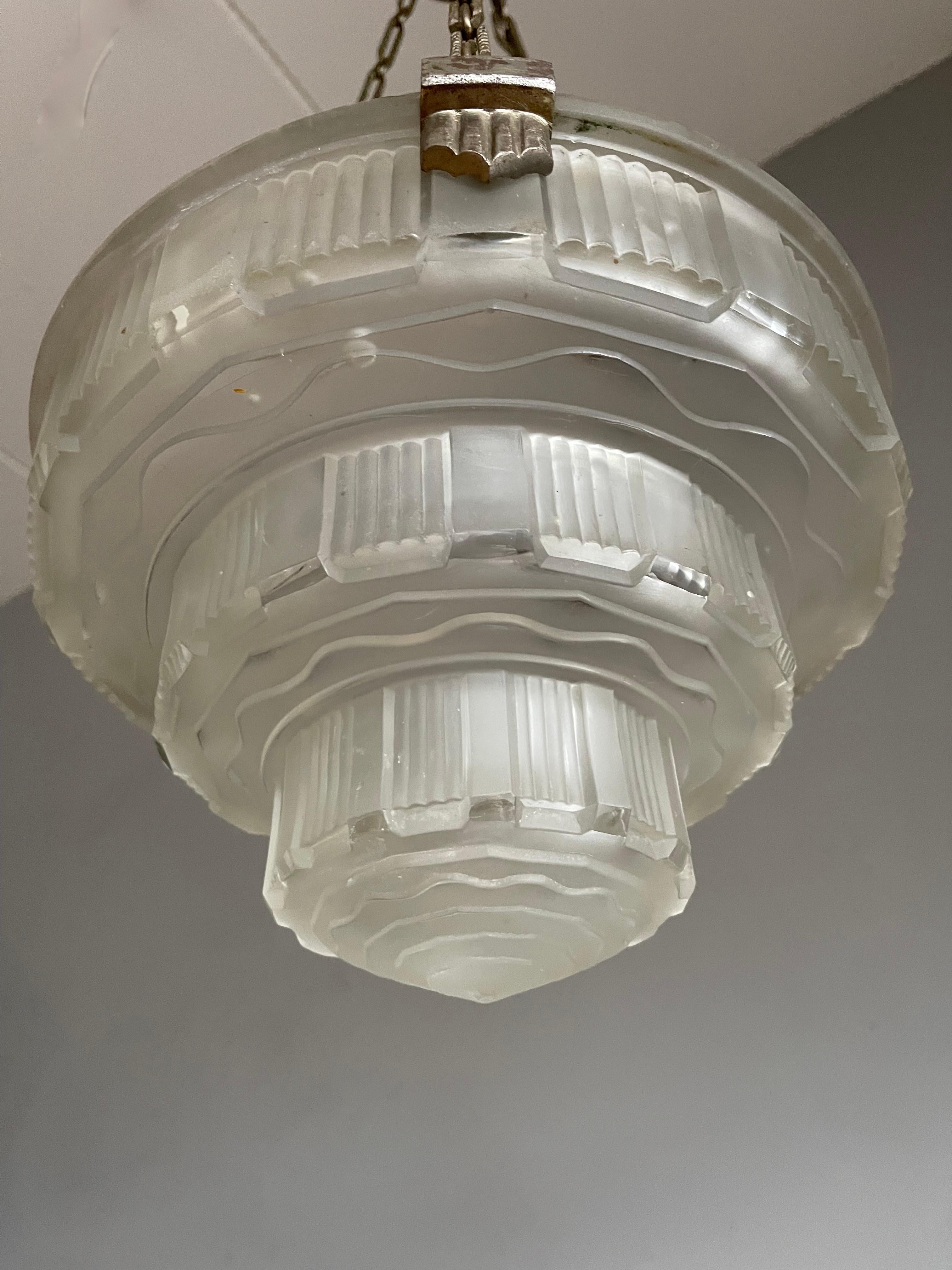 Bronze Antique & Stunning French Art Deco, Nickel Plated / Pressed Glass Pendant Light