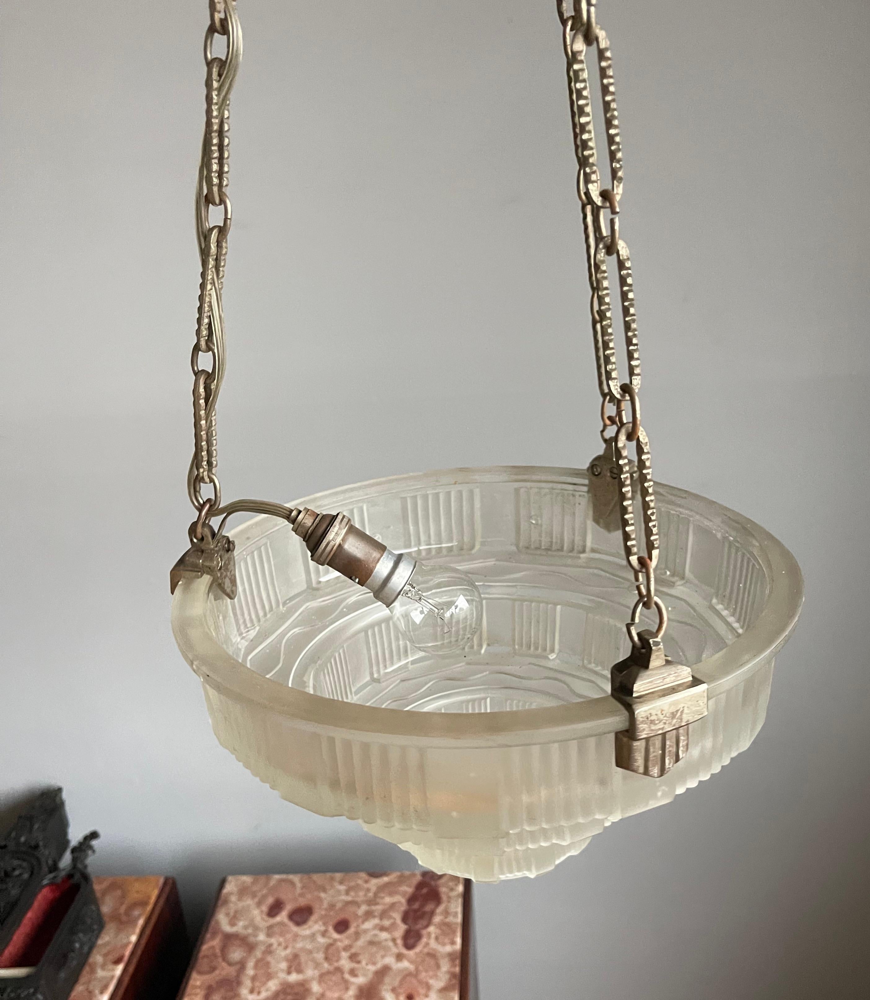 Antique & Stunning French Art Deco, Nickel Plated / Pressed Glass Pendant Light 3