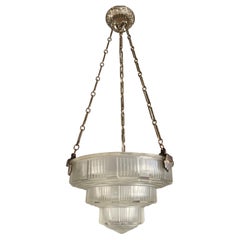 Antique & Stunning French Art Deco, Nickel Plated / Pressed Glass Pendant Light