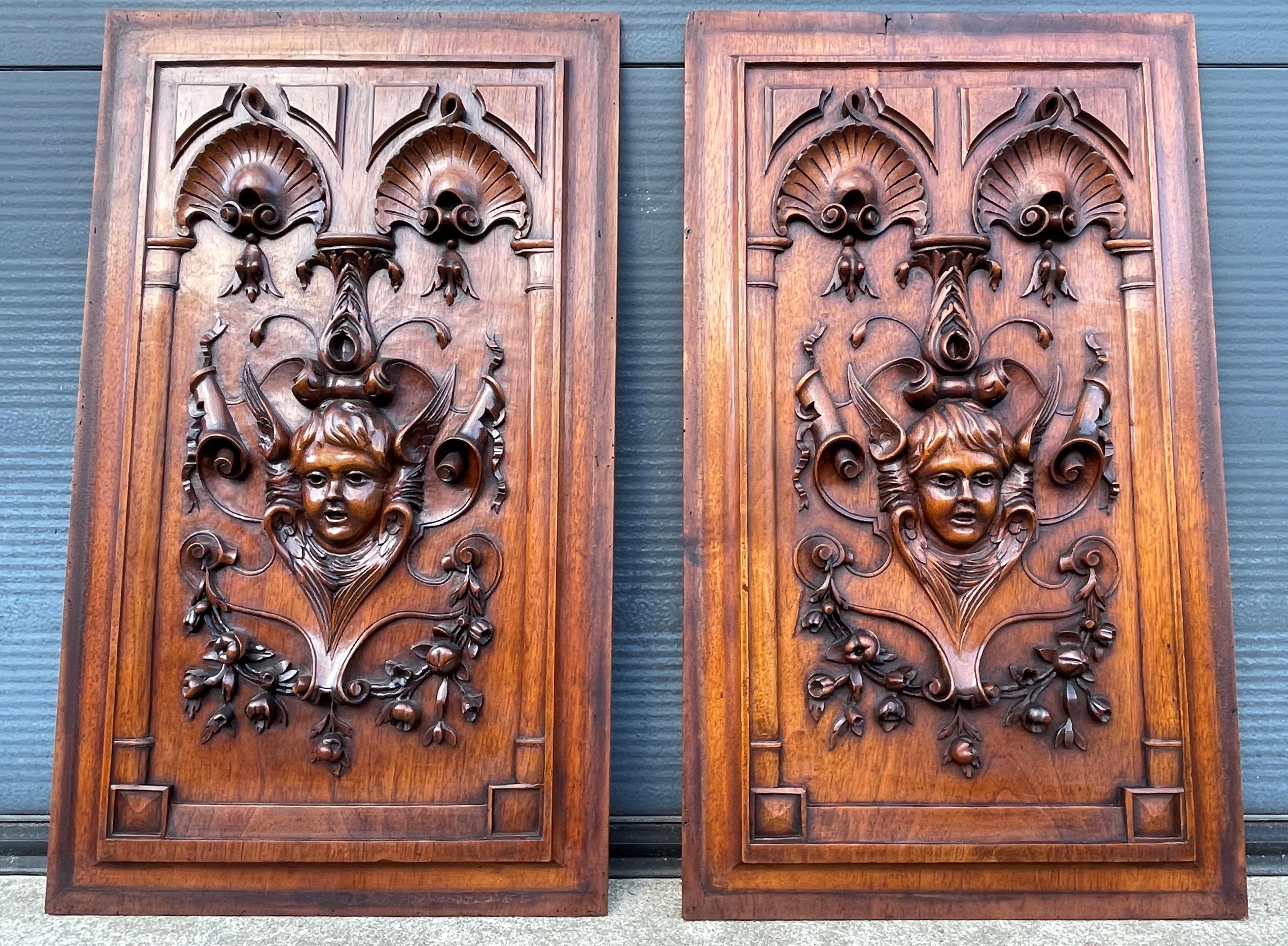 Antique & Stunning Hand Carved Pair of Nutwood Wall Panels with Angel Sculptures 6