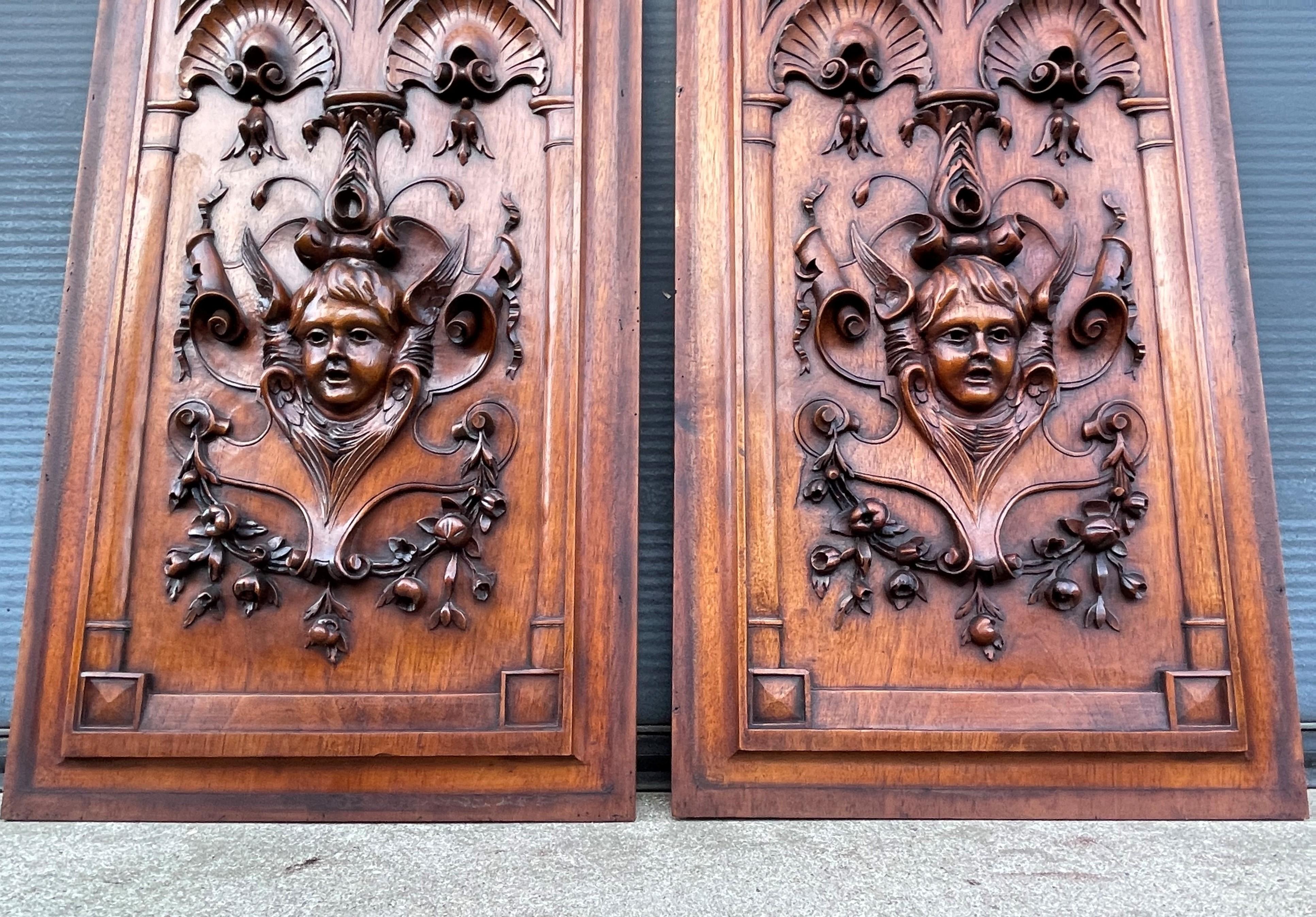 Neoclassical Revival Antique & Stunning Hand Carved Pair of Nutwood Wall Panels with Angel Sculptures