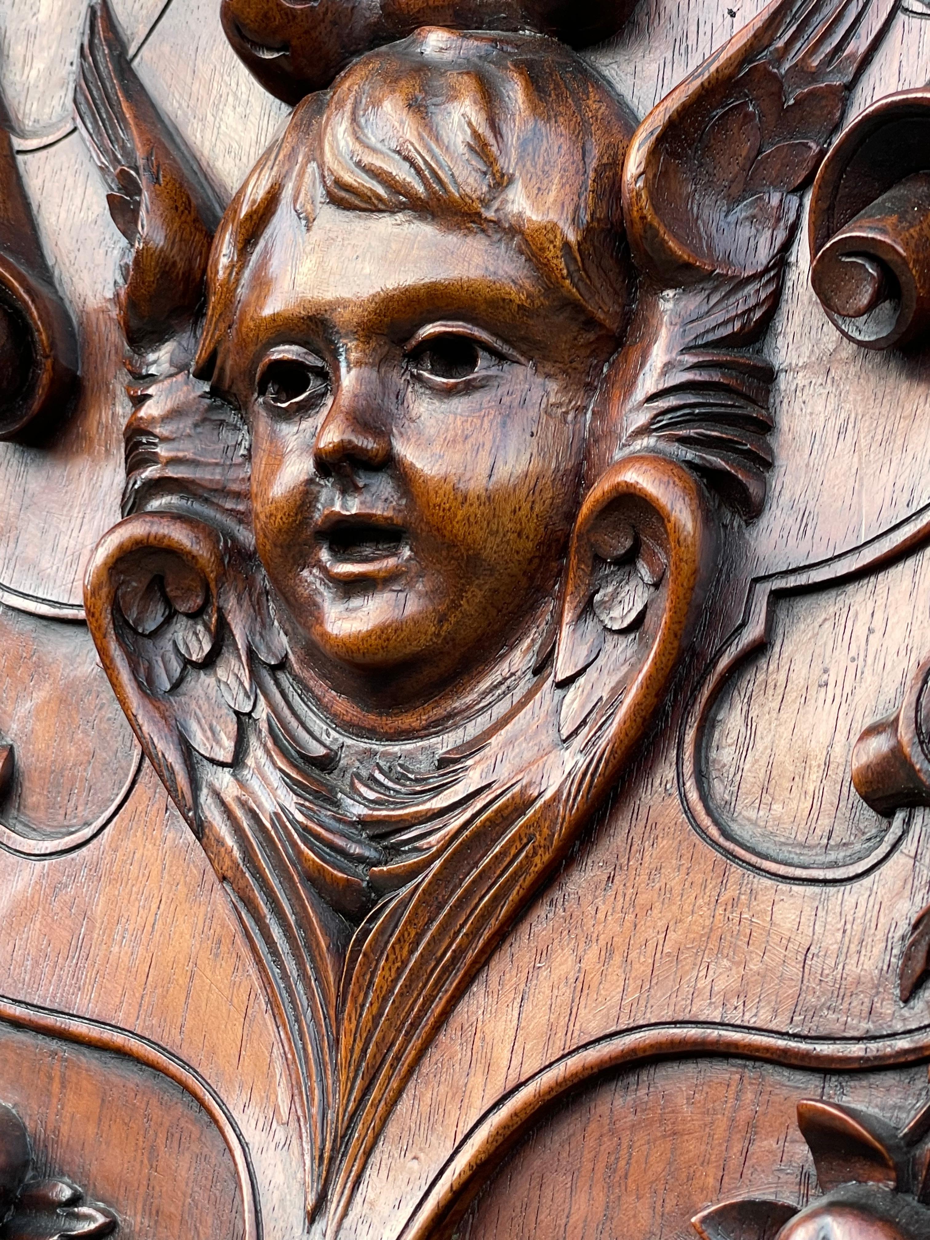 Hand-Carved Antique & Stunning Hand Carved Pair of Nutwood Wall Panels with Angel Sculptures