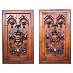 Antique & Stunning Hand Carved Pair of Nutwood Wall Panels with Angel Sculptures