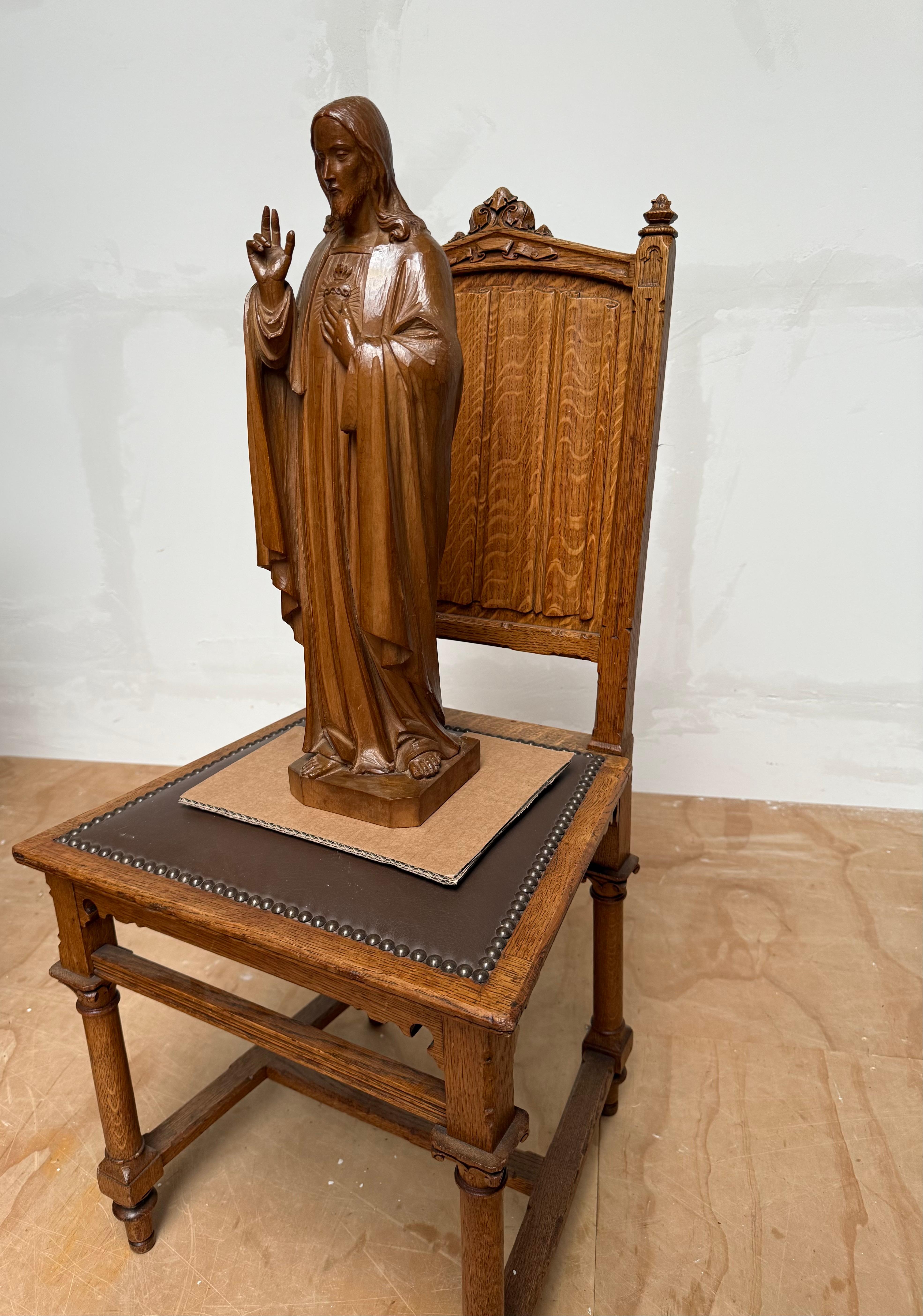 Antike und atemberaubende, handgeschnitzte Skulptur des heiligen Herzens Christi aus Holz von Geldorp im Angebot 11