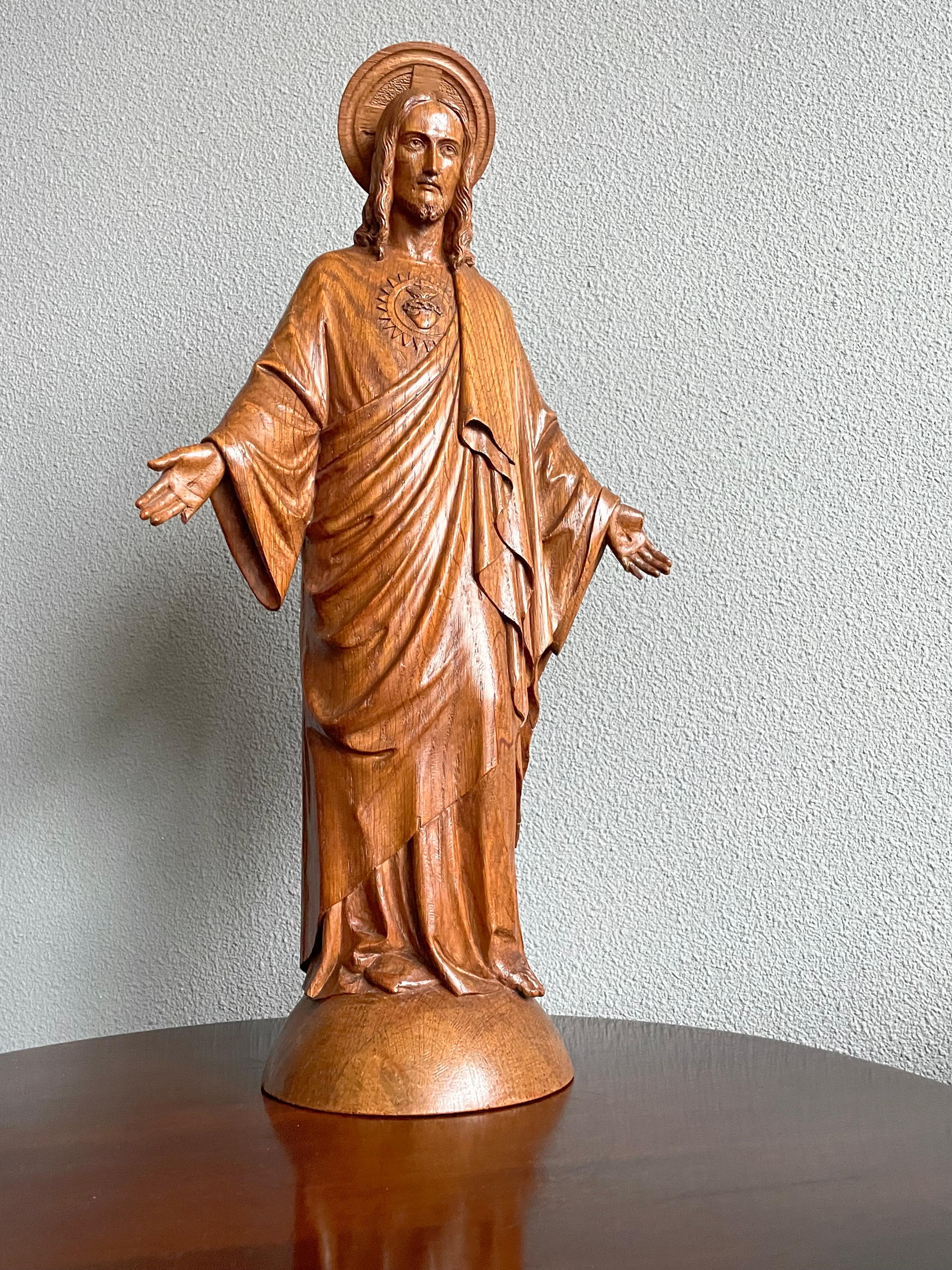 Striking, good size and meaningful work of religious art.

This beautifully hand carved and good size Sacred Heart of Christ statue is another recent great find. In our view the sculptor has perfectly managed to capture both the wisdom and