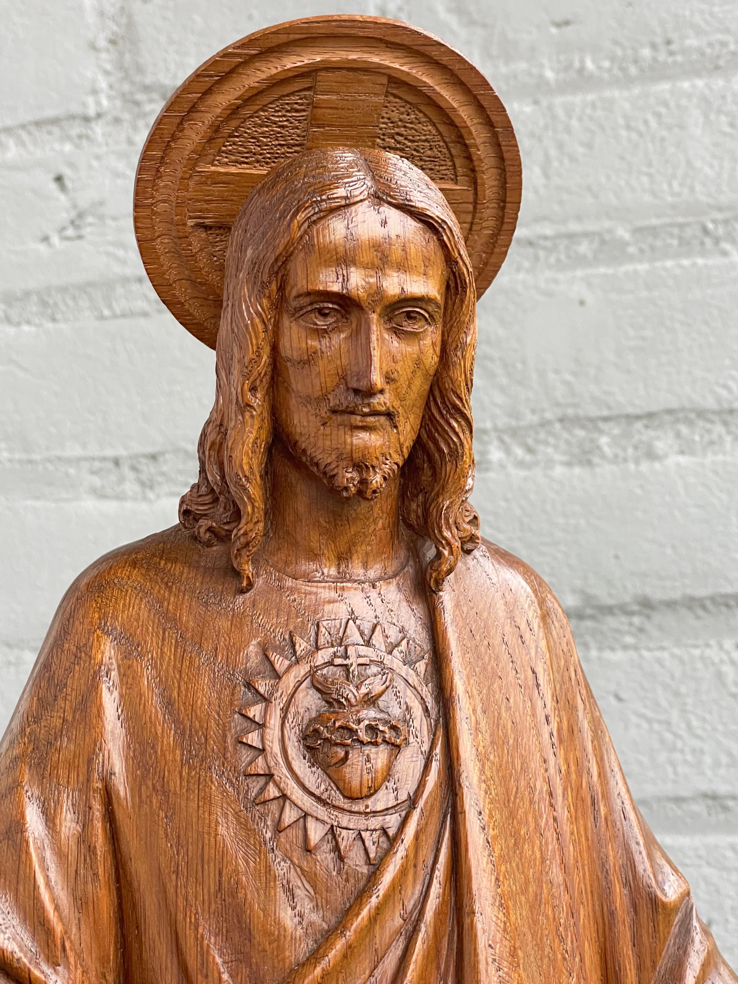 Arts and Crafts Antique & Stunning, Hand Carved Wooden Sacred Heart of Christ Sculpture / Statue