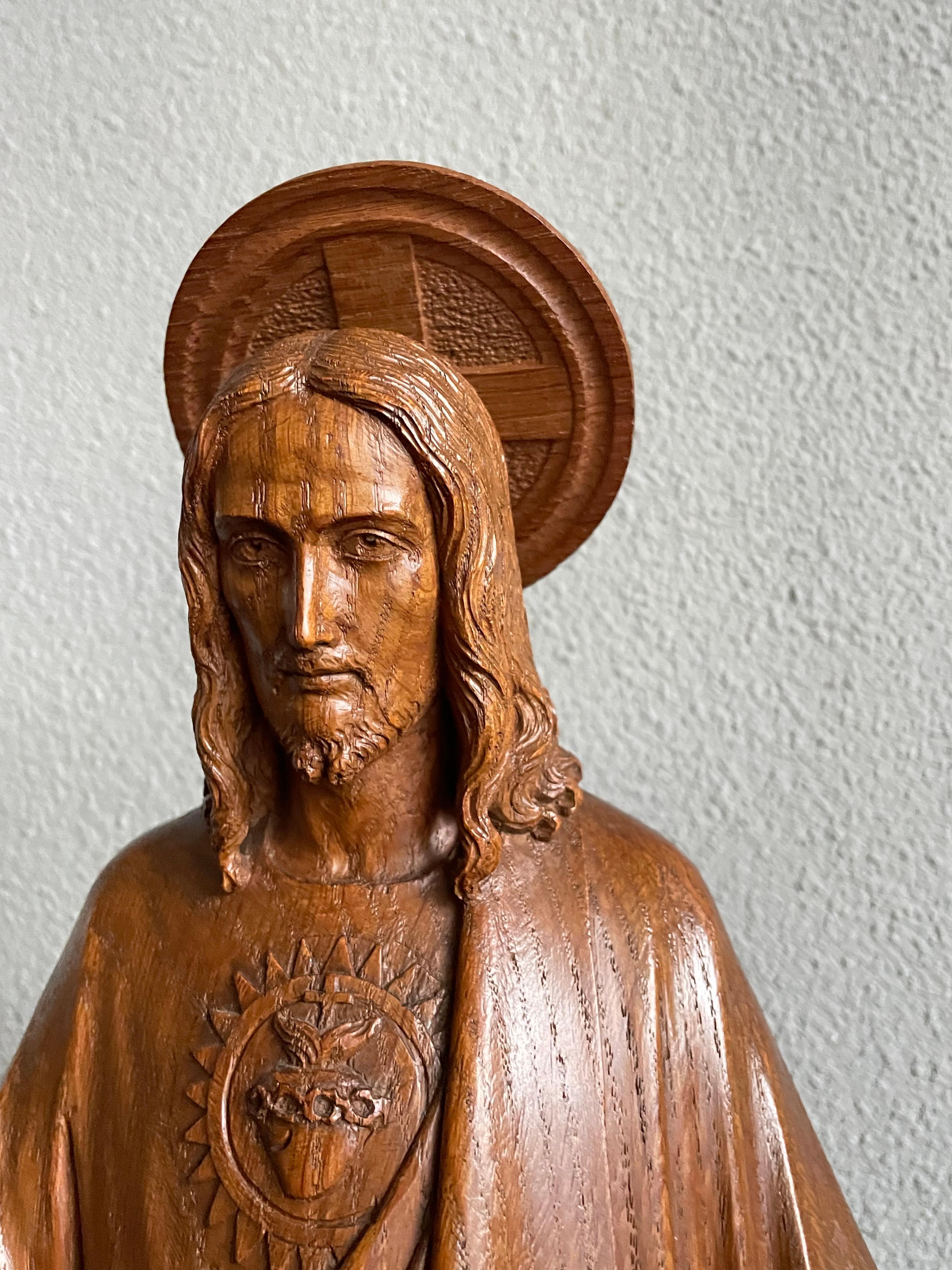 European Antique & Stunning, Hand Carved Wooden Sacred Heart of Christ Sculpture / Statue