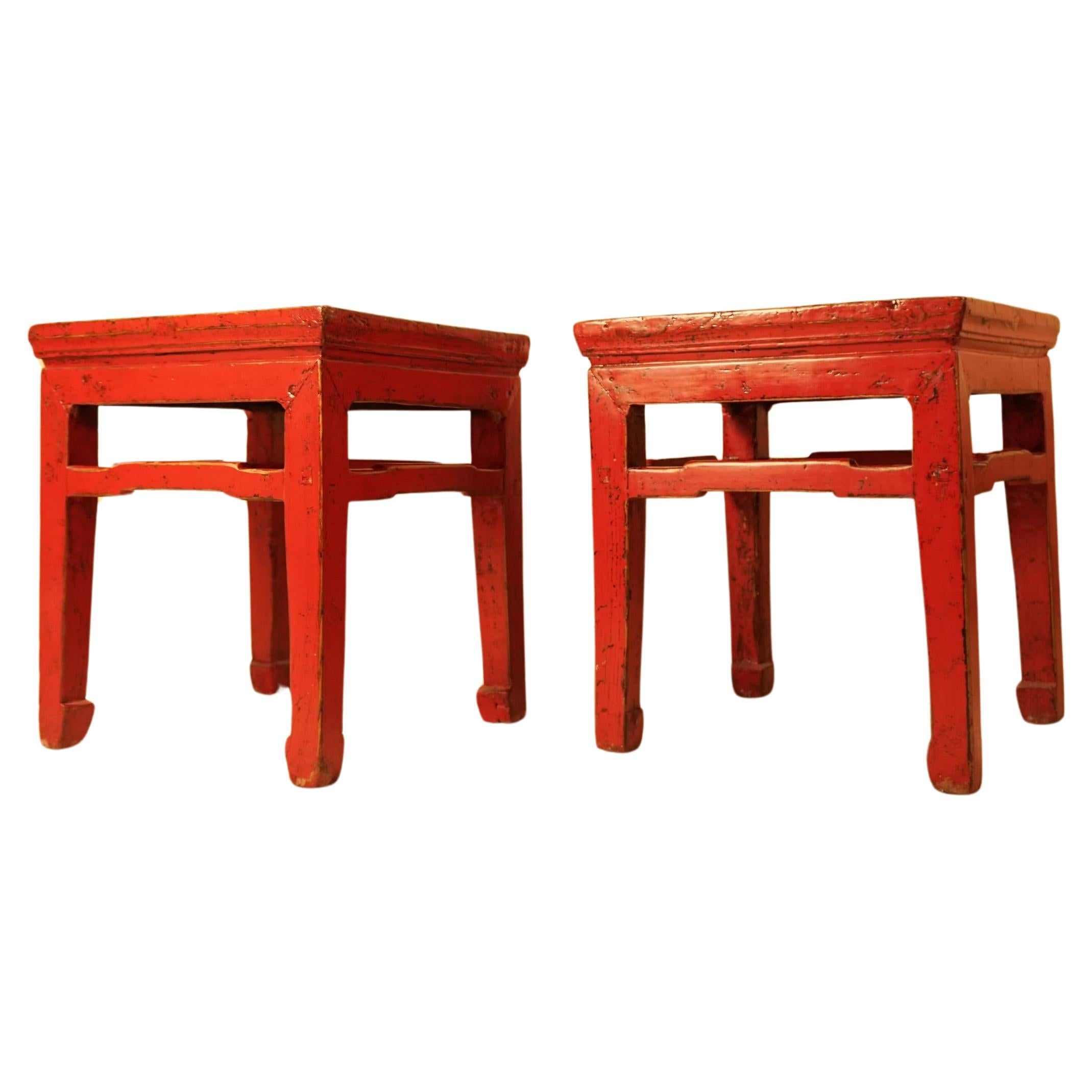 Antique Stunning Red Pair of Chinese Laquer End Tables