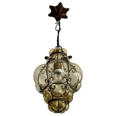 Antique & Stunning Venetian Murano Pendant Mouth Blown Amber Glass in Iron Frame