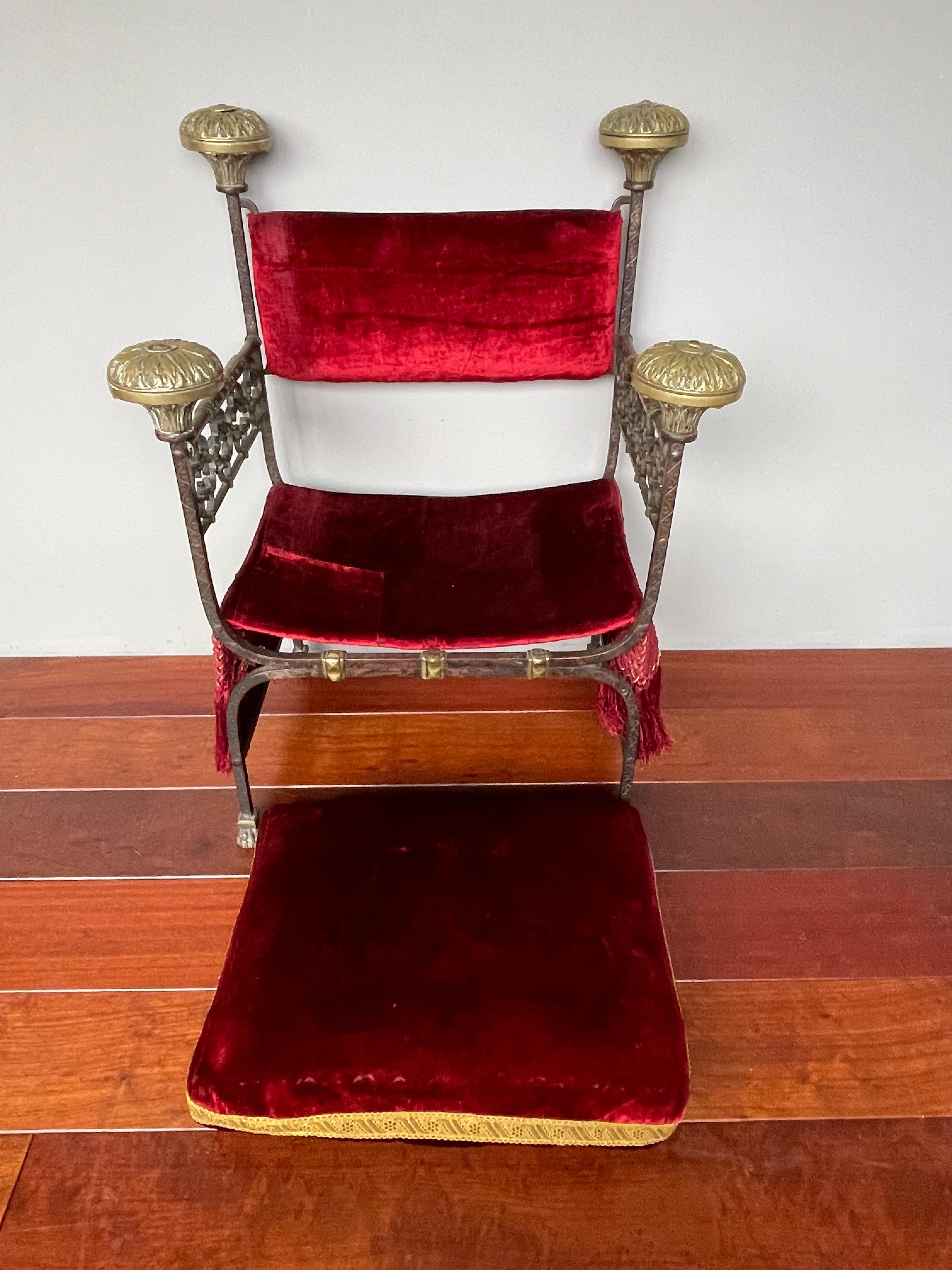 Antique & Stunning Wrought Iron & Bronze Gothic Castle Chair w. Scarlet Red Seat 13