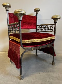 Antique & Stunning Wrought Iron & Bronze Gothic Castle Chair w. Scarlet Red Seat