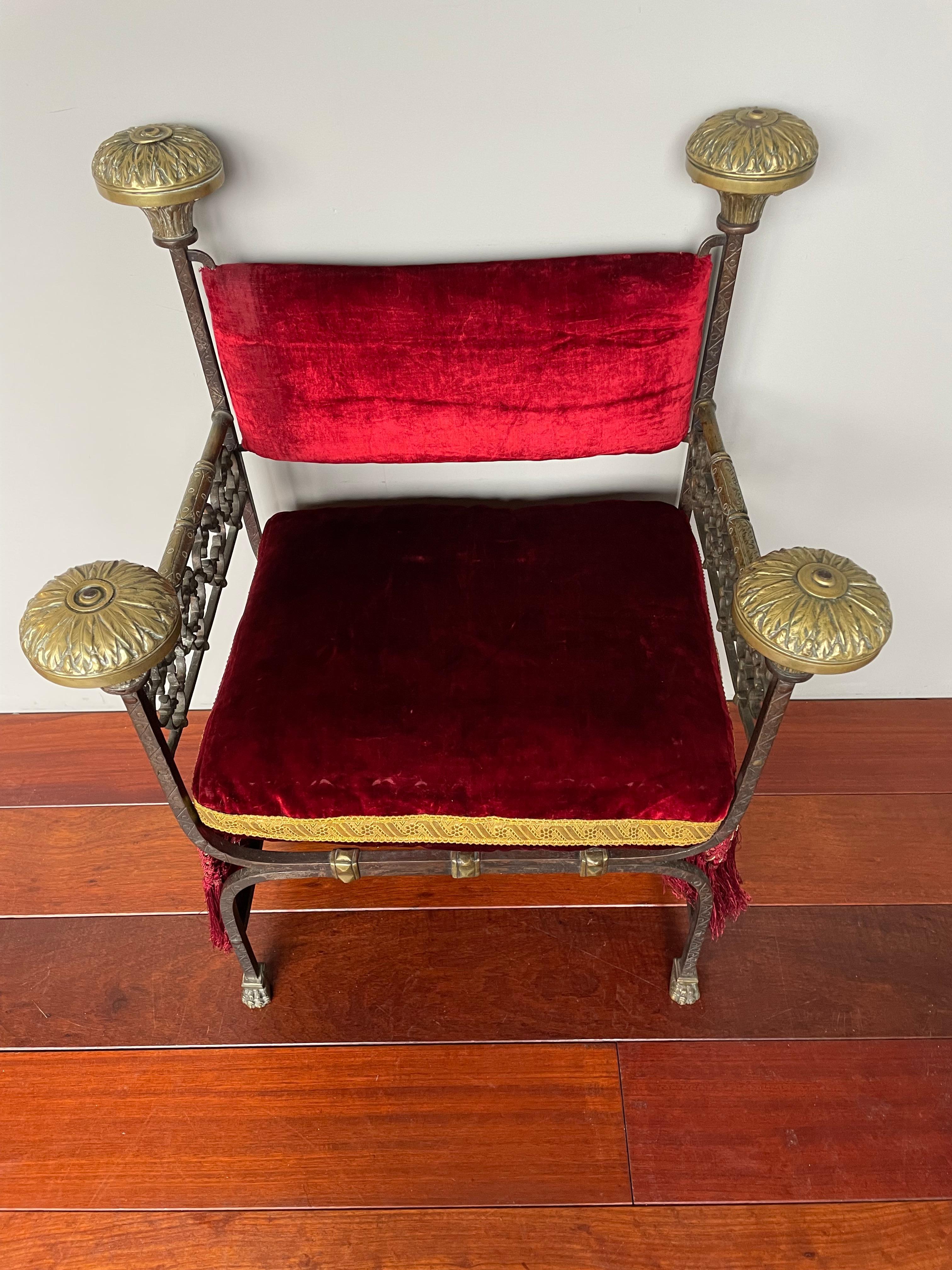 Antique & Stunning Wrought Iron & Bronze Gothic Castle Chair w. Scarlet Red Seat 14