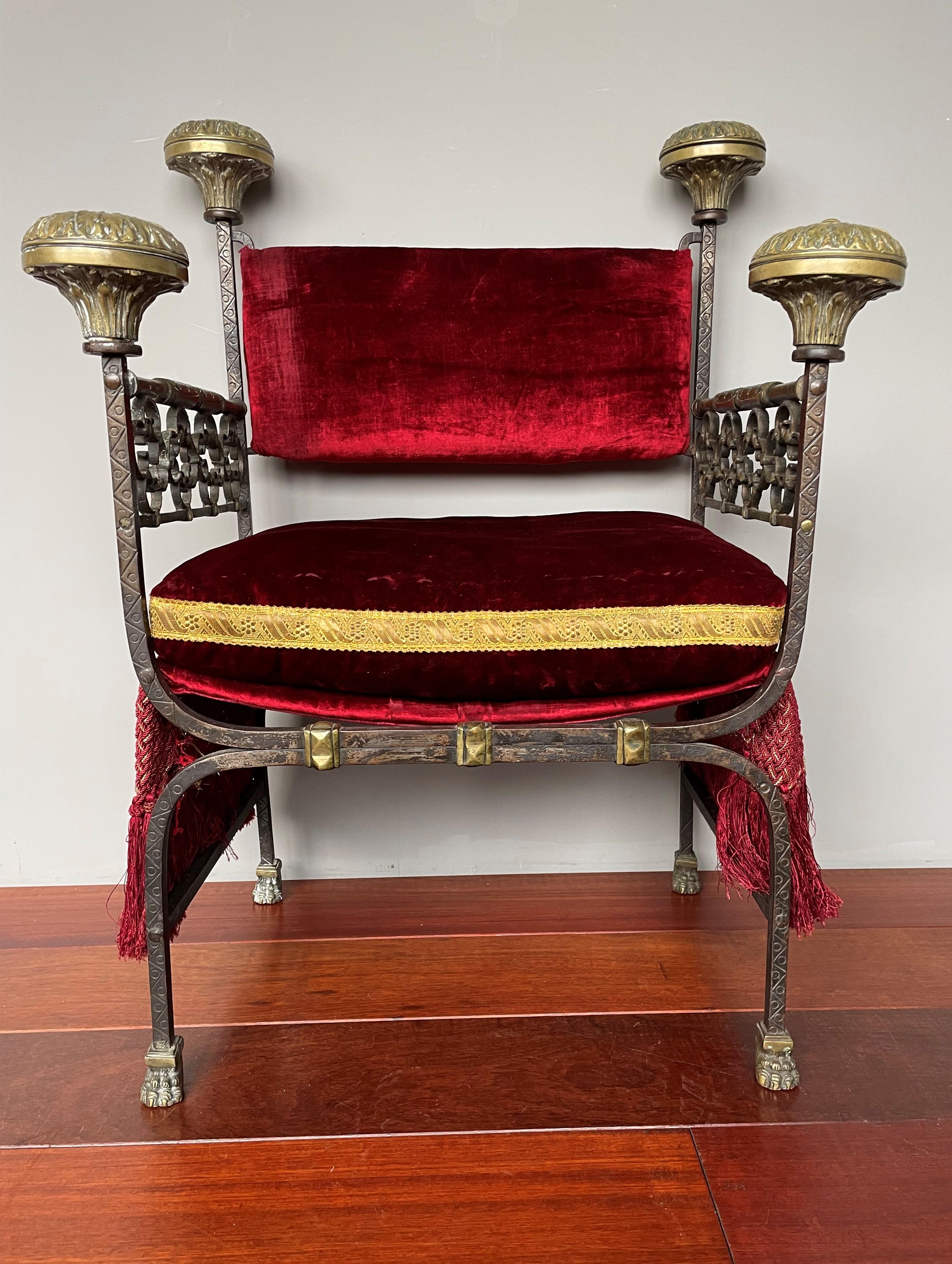 Gothic Revival Antique & Stunning Wrought Iron & Bronze Gothic Castle Chair w. Scarlet Red Seat