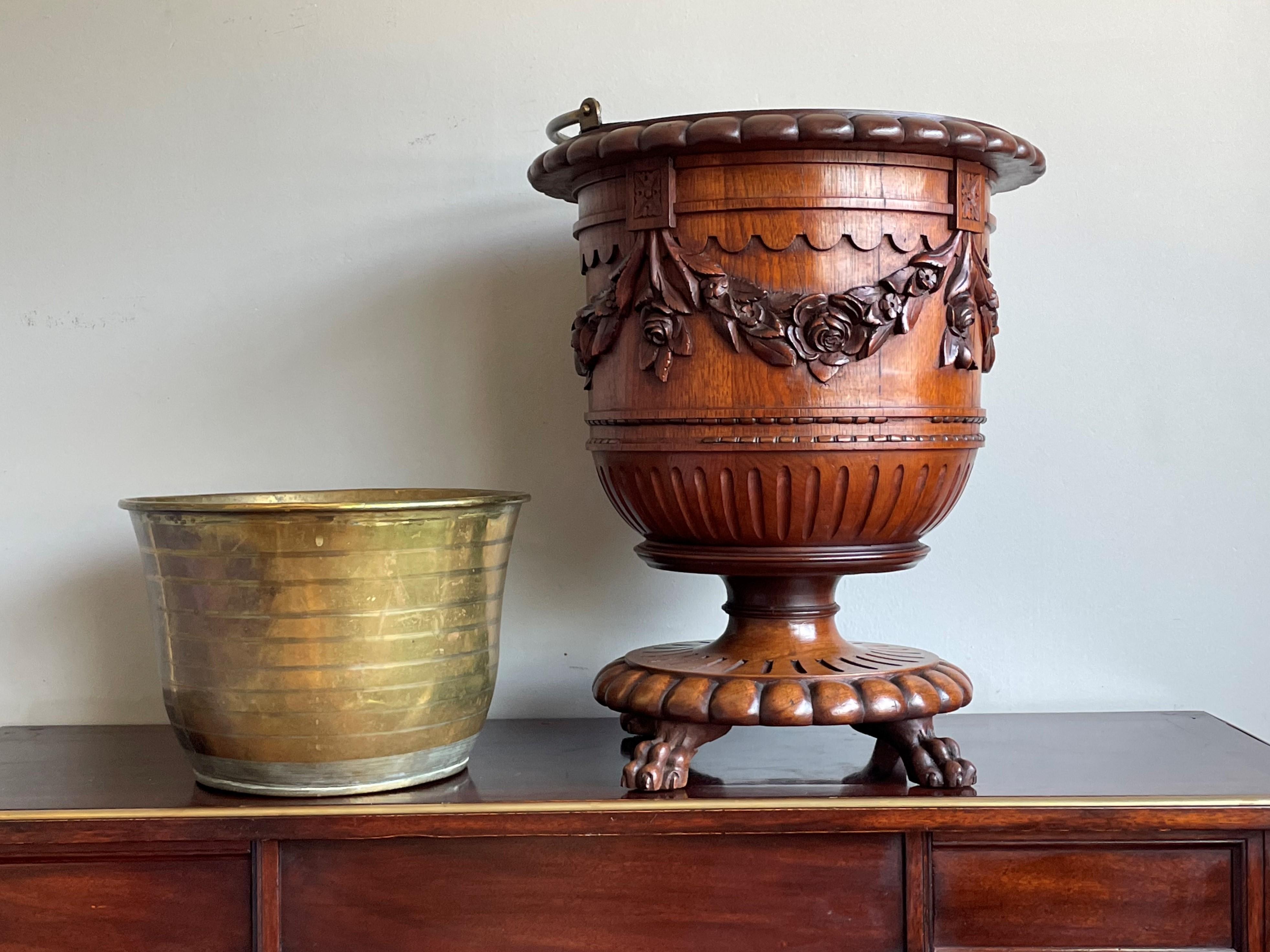 Antique & Stunningly Hand Carved Walnut Wooden Planter / Bucket with Brass Liner 2