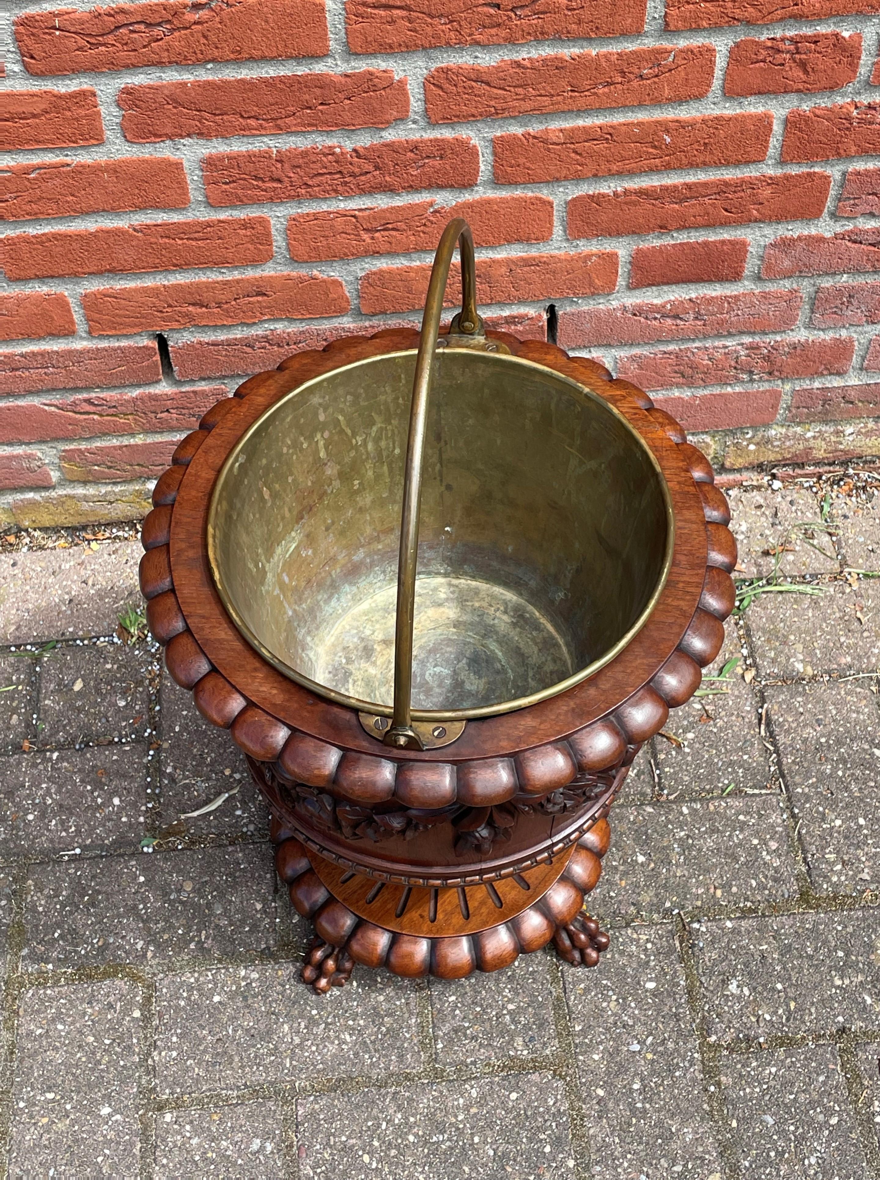 Antique & Stunningly Hand Carved Walnut Wooden Planter / Bucket with Brass Liner 3