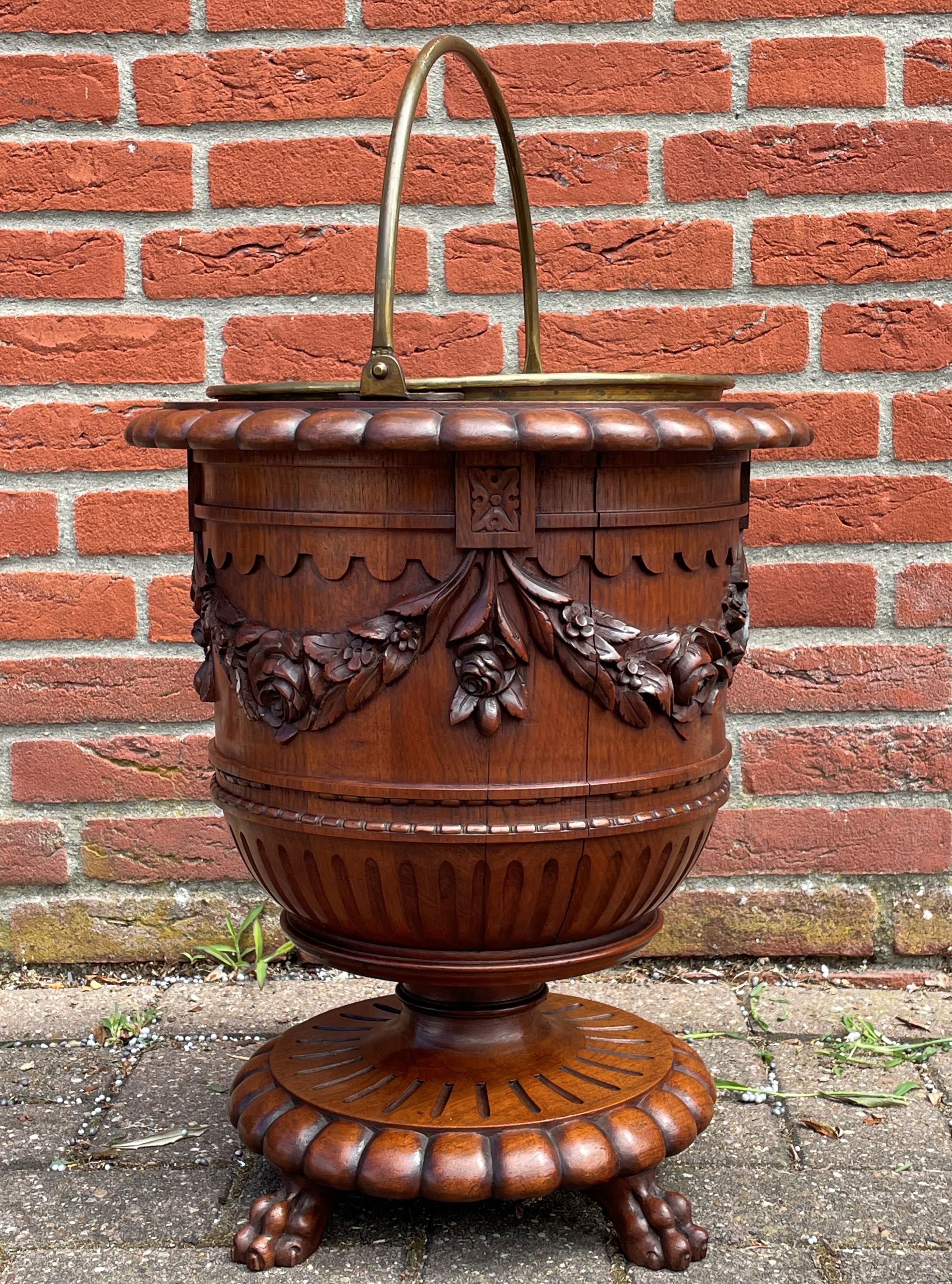 Antique & Stunningly Hand Carved Walnut Wooden Planter / Bucket with Brass Liner 5