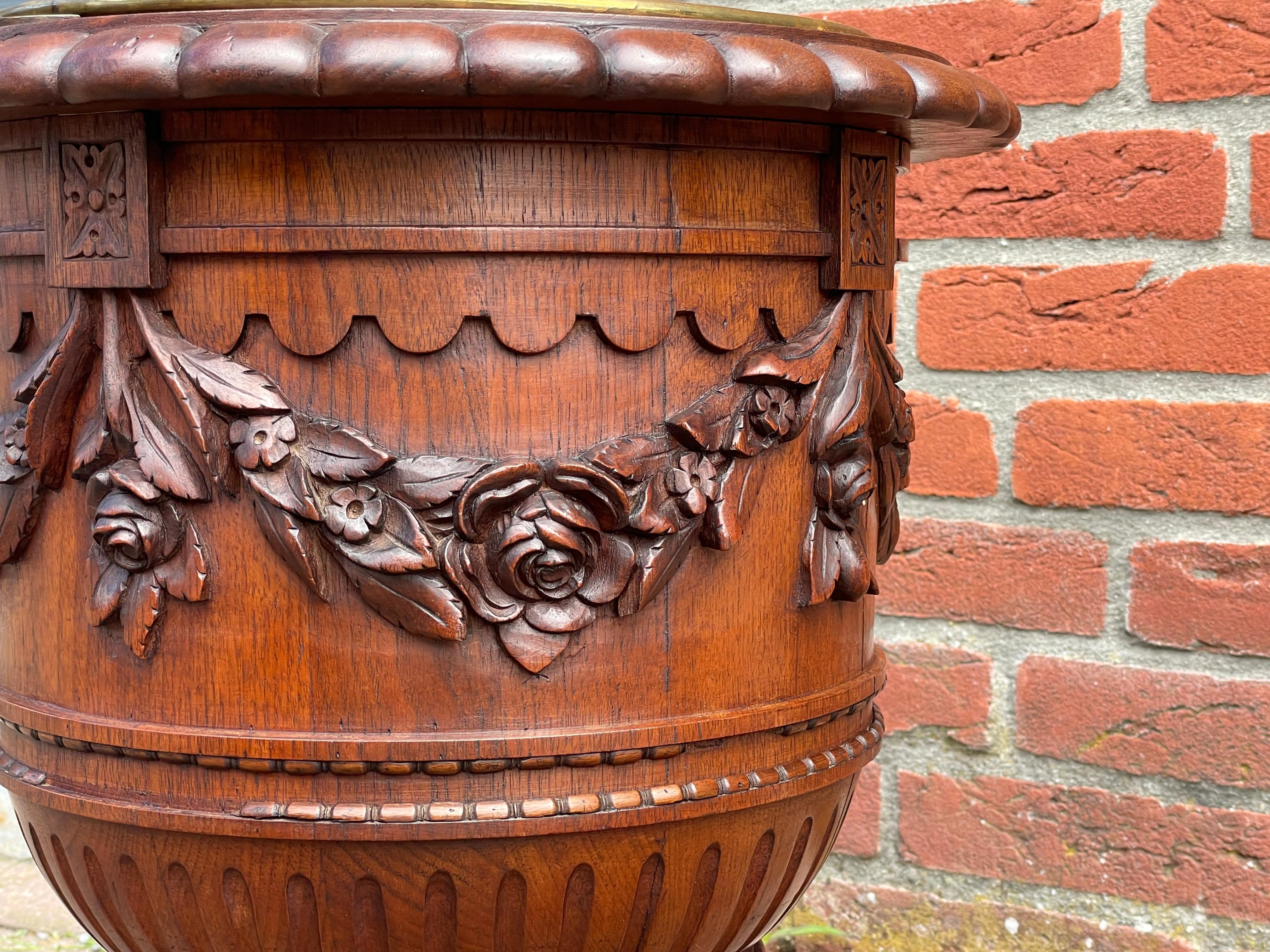 Antique & Stunningly Hand Carved Walnut Wooden Planter / Bucket with Brass Liner 6