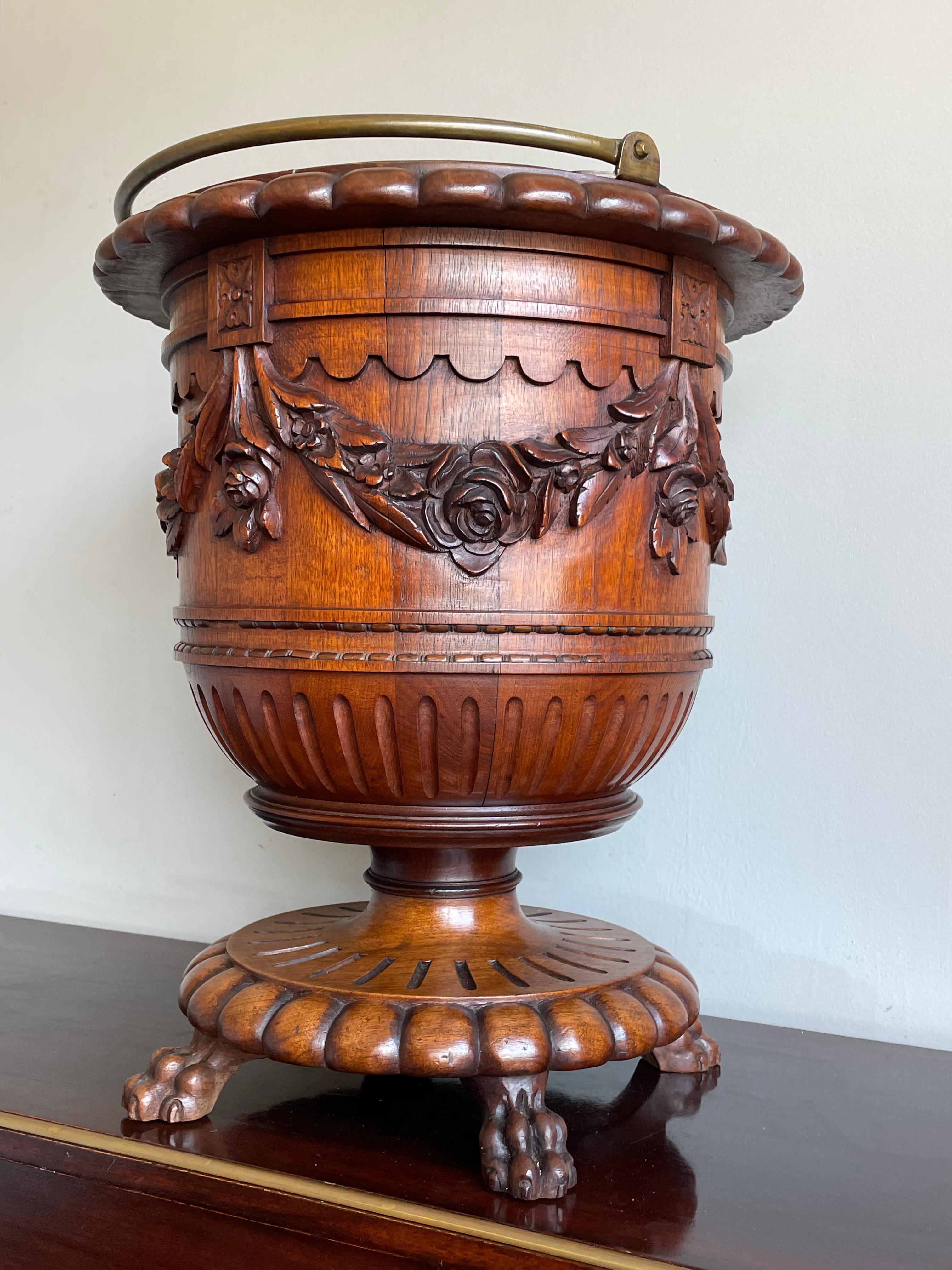 Antique & Stunningly Hand Carved Walnut Wooden Planter / Bucket with Brass Liner 11