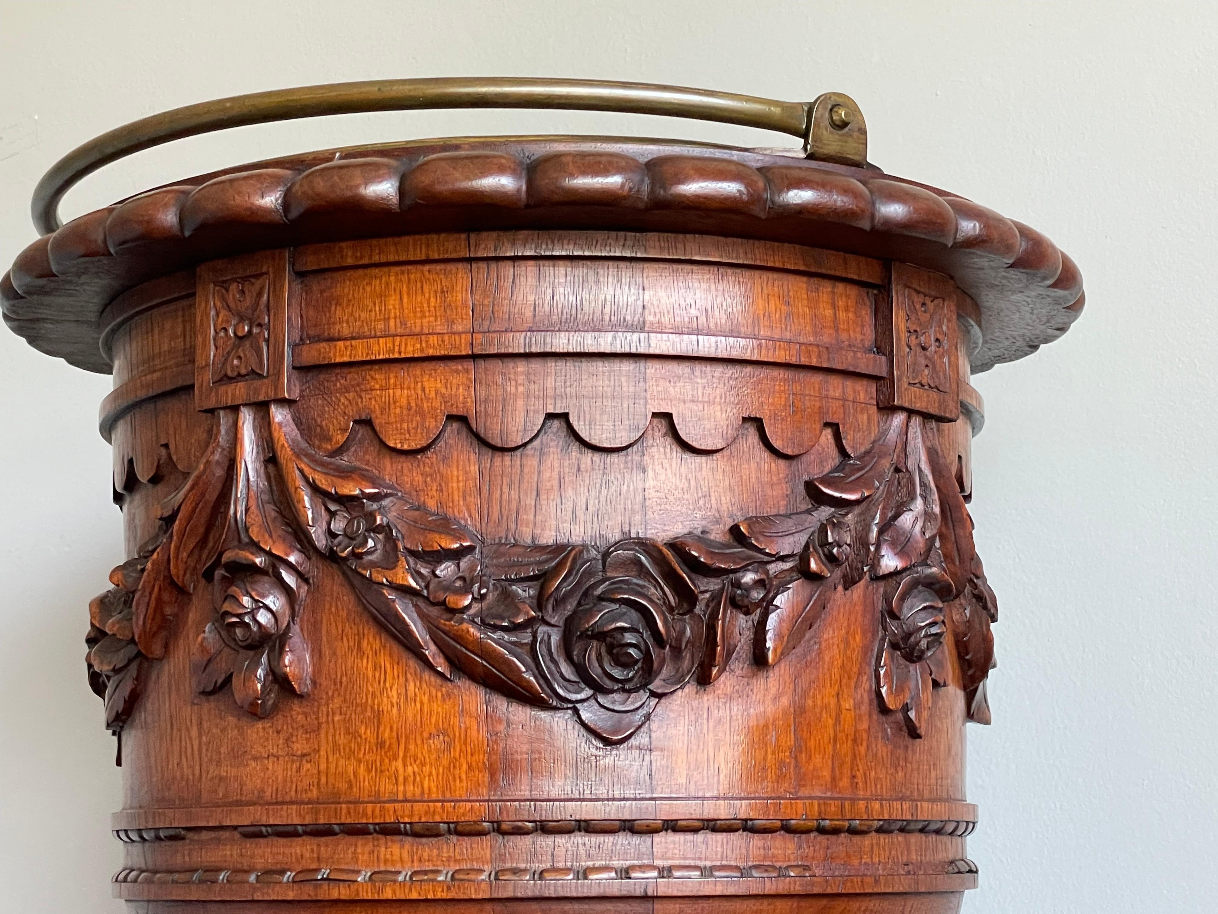 Neoclassical Revival Antique & Stunningly Hand Carved Walnut Wooden Planter / Bucket with Brass Liner