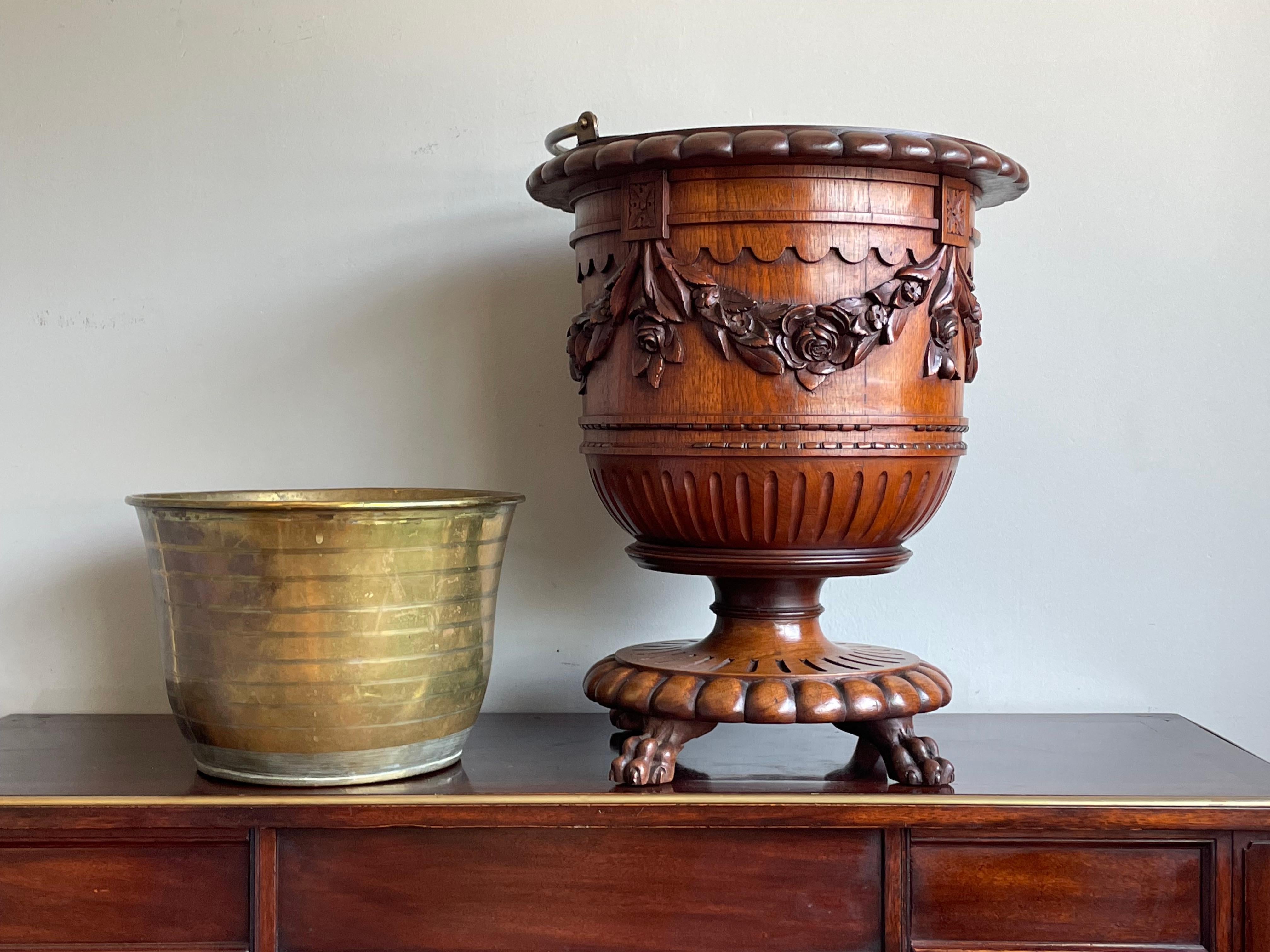 Hand-Carved Antique & Stunningly Hand Carved Walnut Wooden Planter / Bucket with Brass Liner