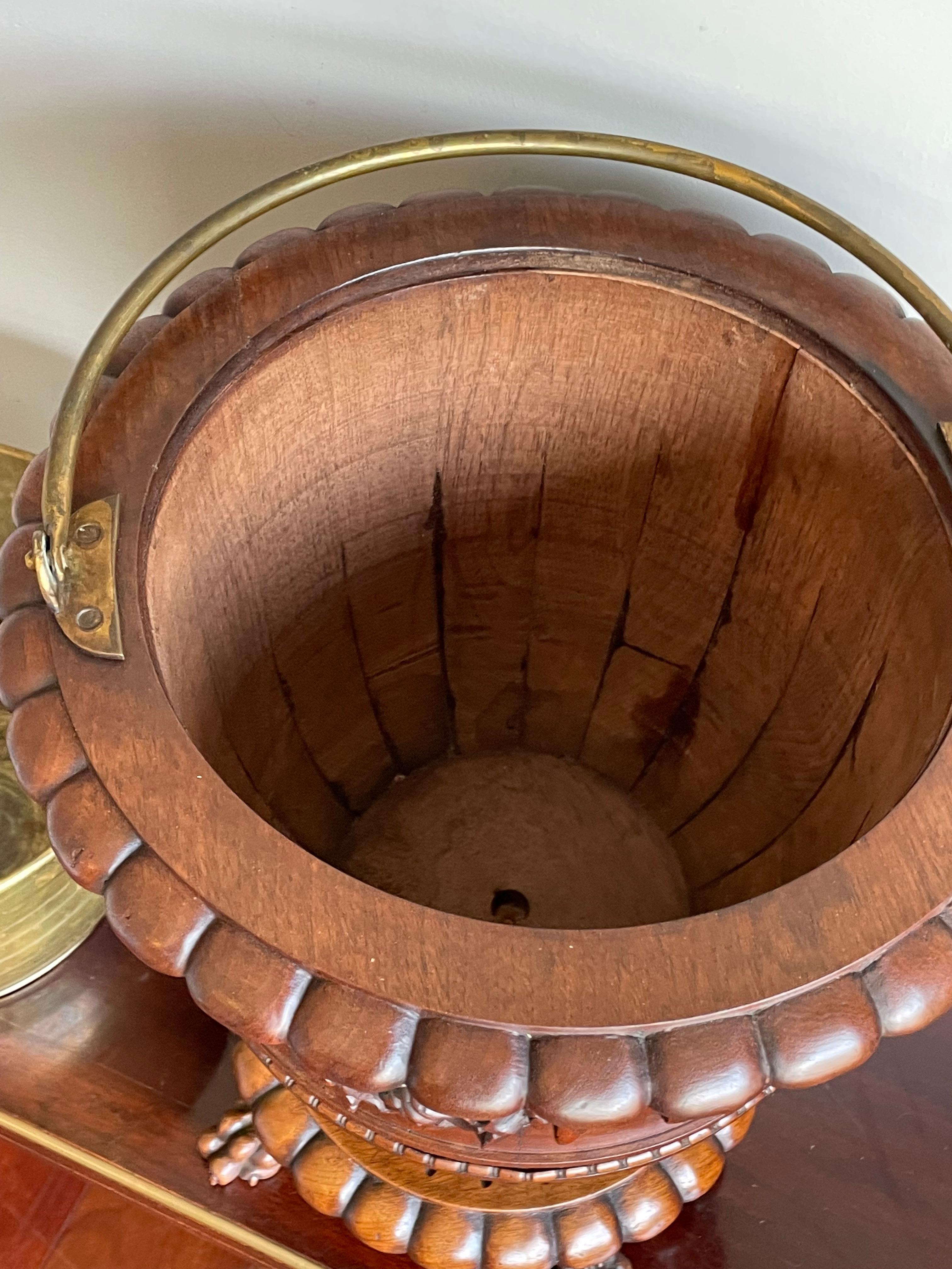 Antique & Stunningly Hand Carved Walnut Wooden Planter / Bucket with Brass Liner 1