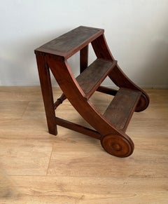 Antique & Sturdy Solid Teak Wood Late Victorian Era Library Stairs / Steps 1890s