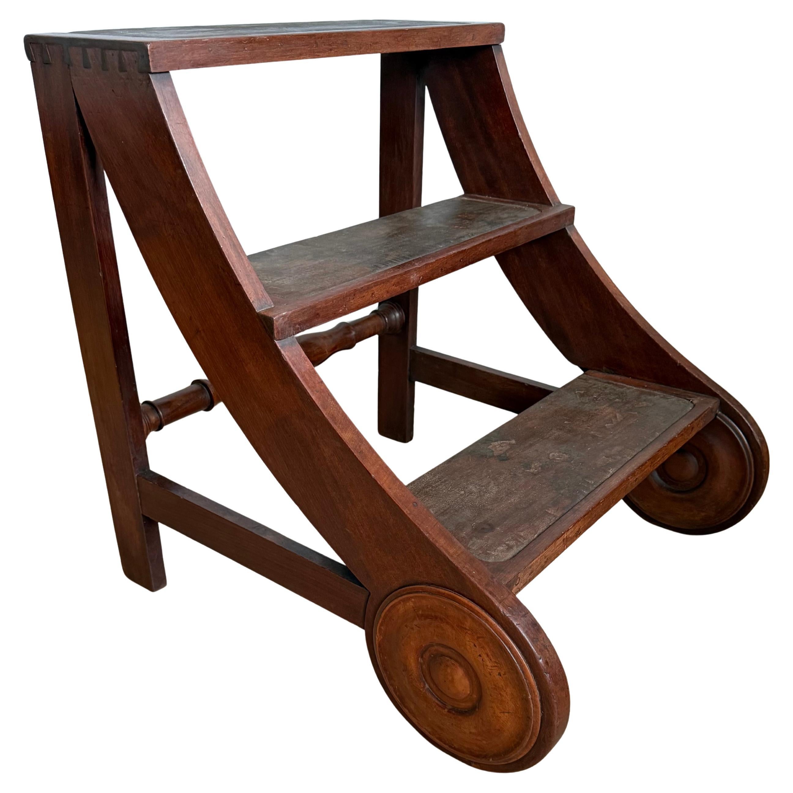 Antique & Sturdy Solid Teak Wood Late Victorian Era Library Stairs / Steps 1890s
