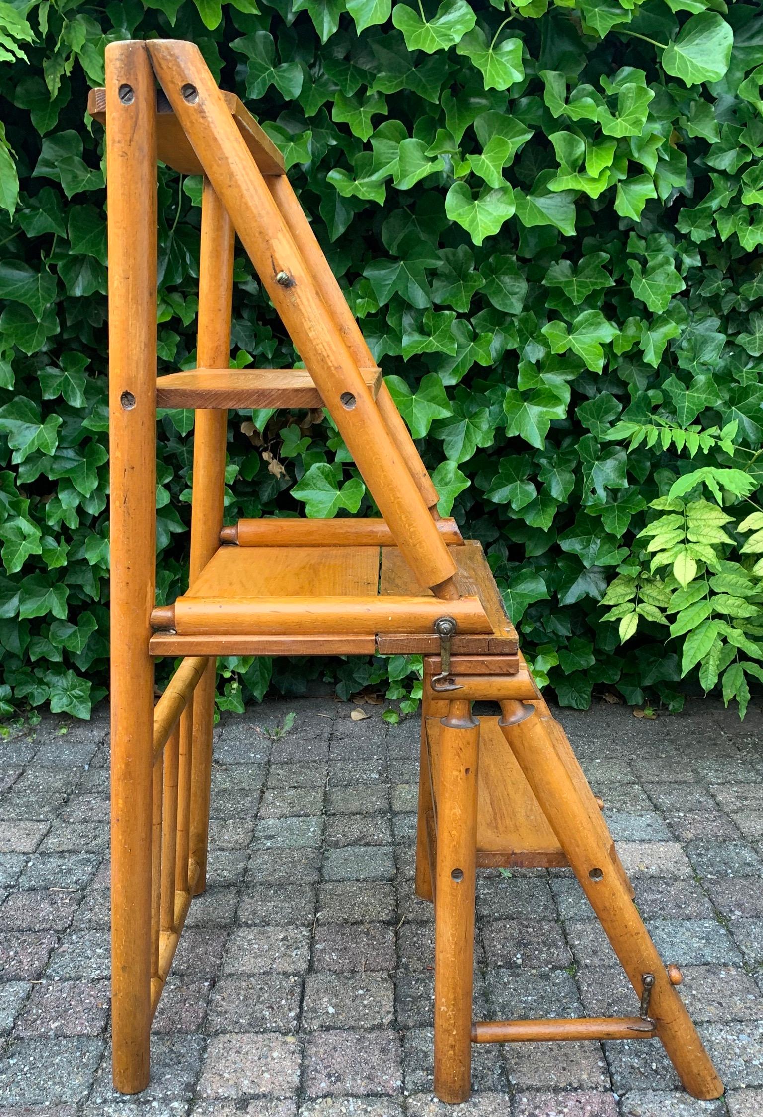 Antique & Sturdy Wooden Arts & Crafts Library Chair / Bookcase Steps by Naether 3