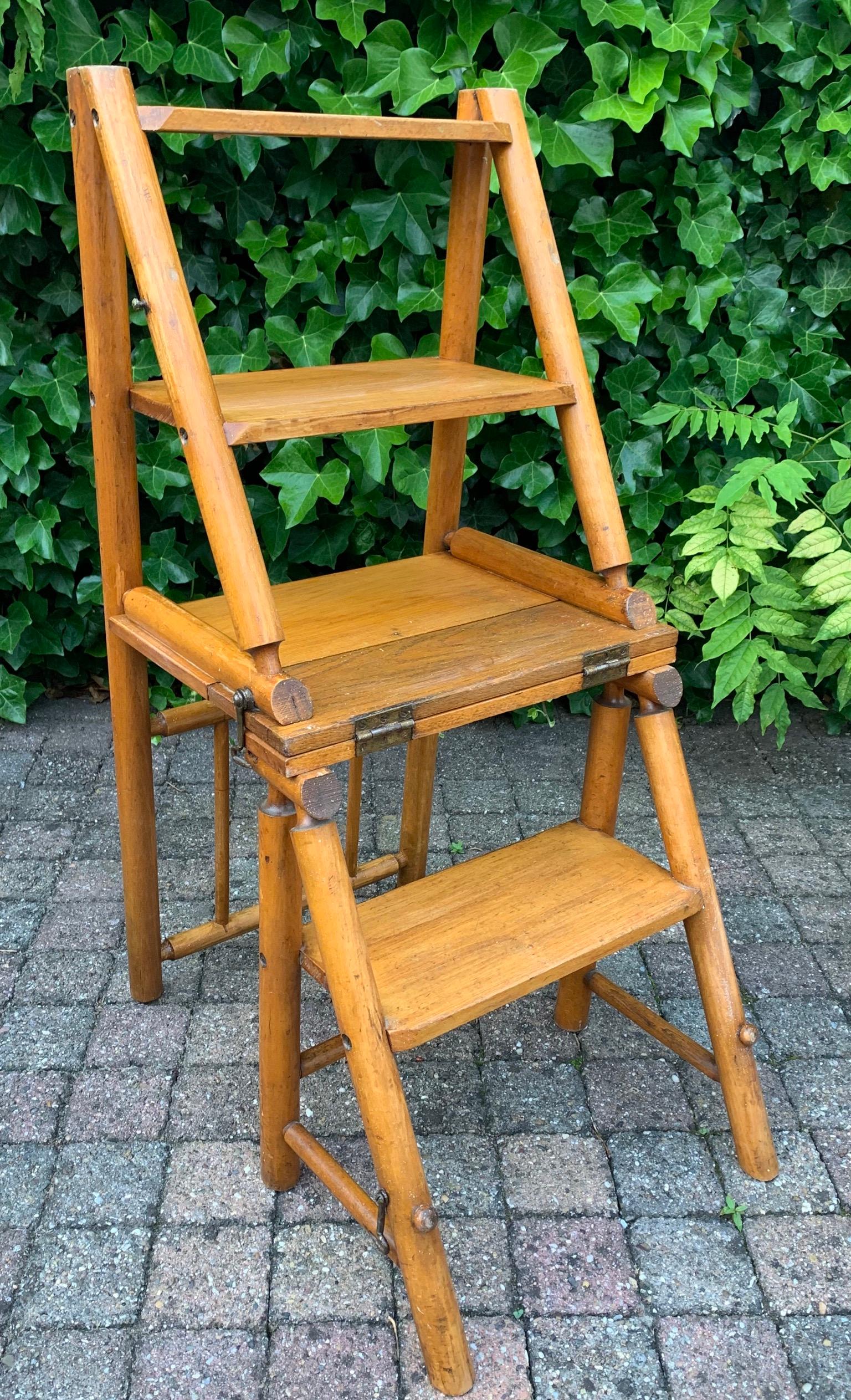 Antique & Sturdy Wooden Arts & Crafts Library Chair / Bookcase Steps by Naether 4