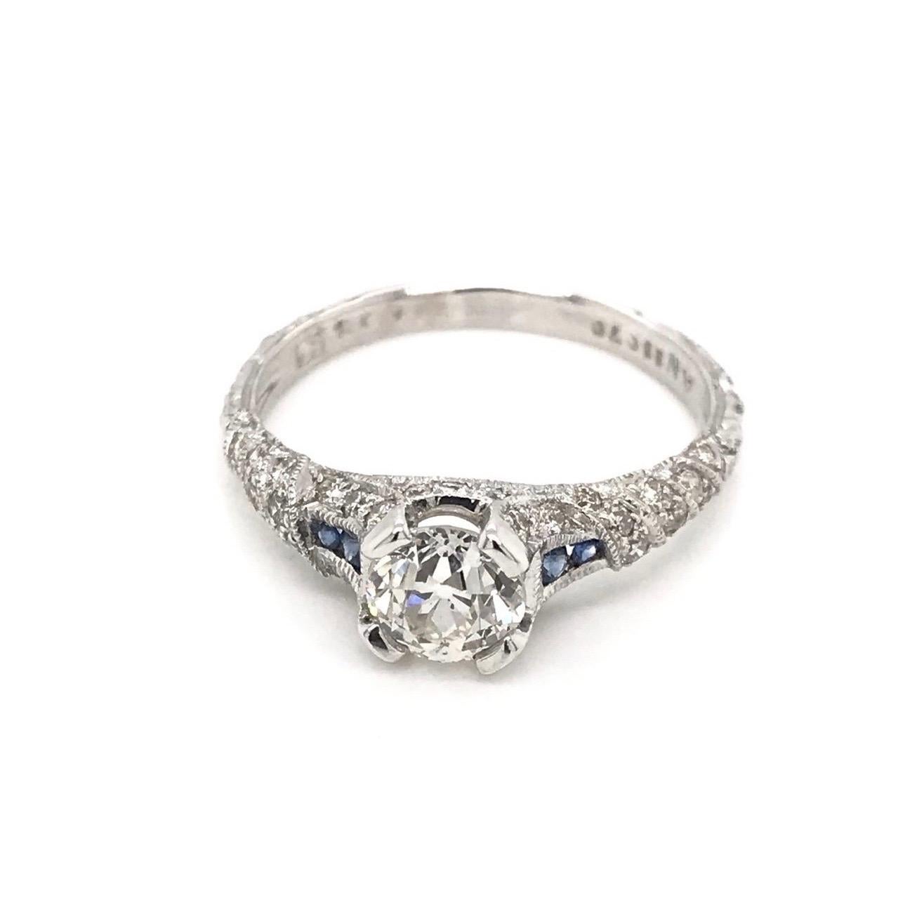 Art Deco Antique Style 0.90 Carat Diamond and Sapphire Ring