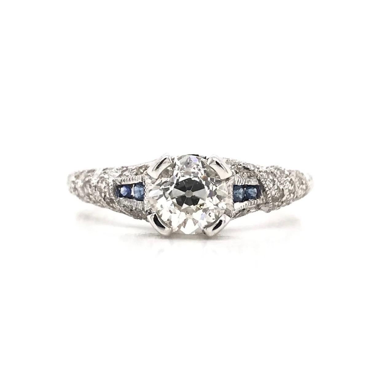 Old European Cut Antique Style 0.90 Carat Diamond and Sapphire Ring