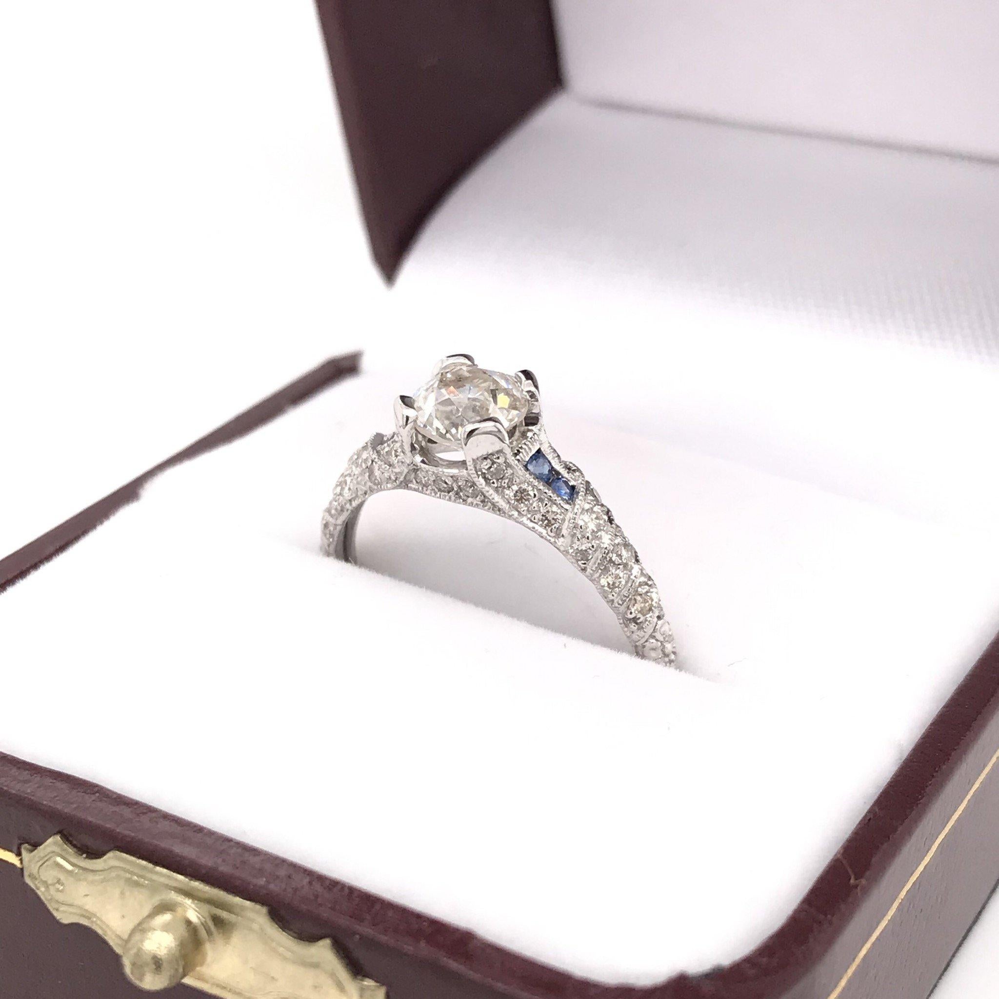 Antique Style 0.90 Carat Diamond and Sapphire Ring In Excellent Condition In Montgomery, AL