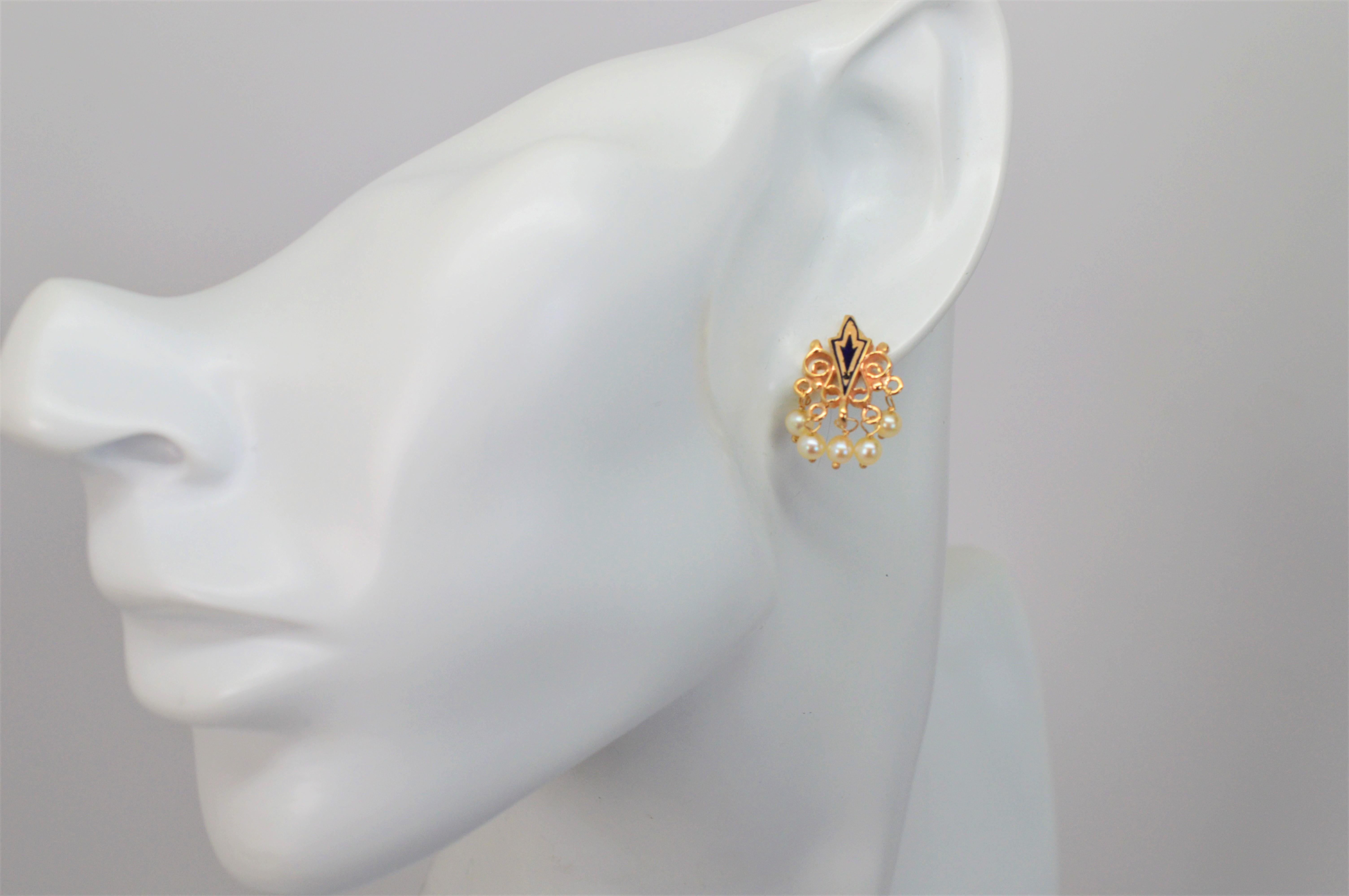 Antike 10 Karat Gelbgold Perlen-Tropfen-Ohrringe mit schwarzen Emaille-Akzenten Damen im Angebot