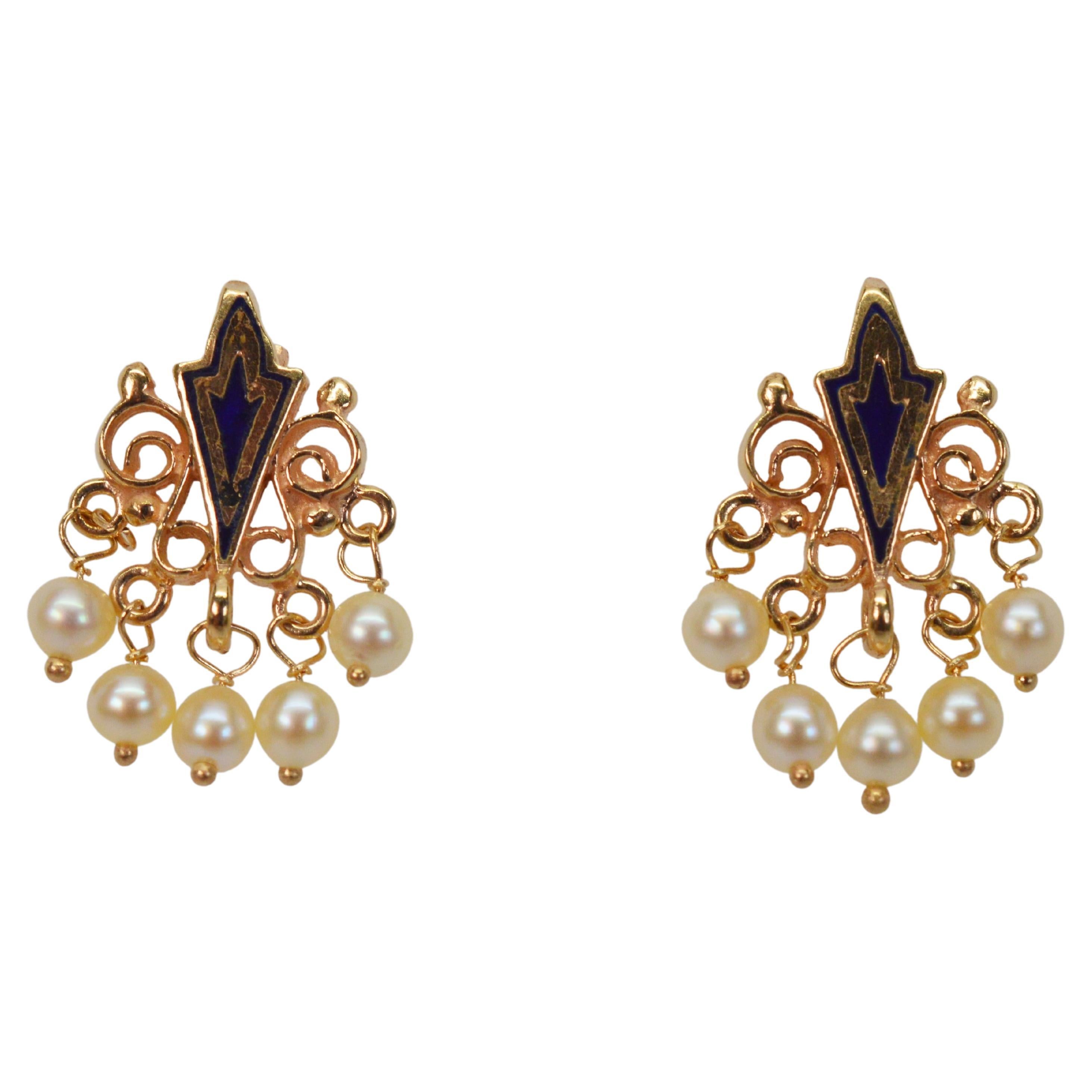 Antique Style 10 Karat Yellow Gold Pearl Drop Earrings with Black Enamel Accents For Sale
