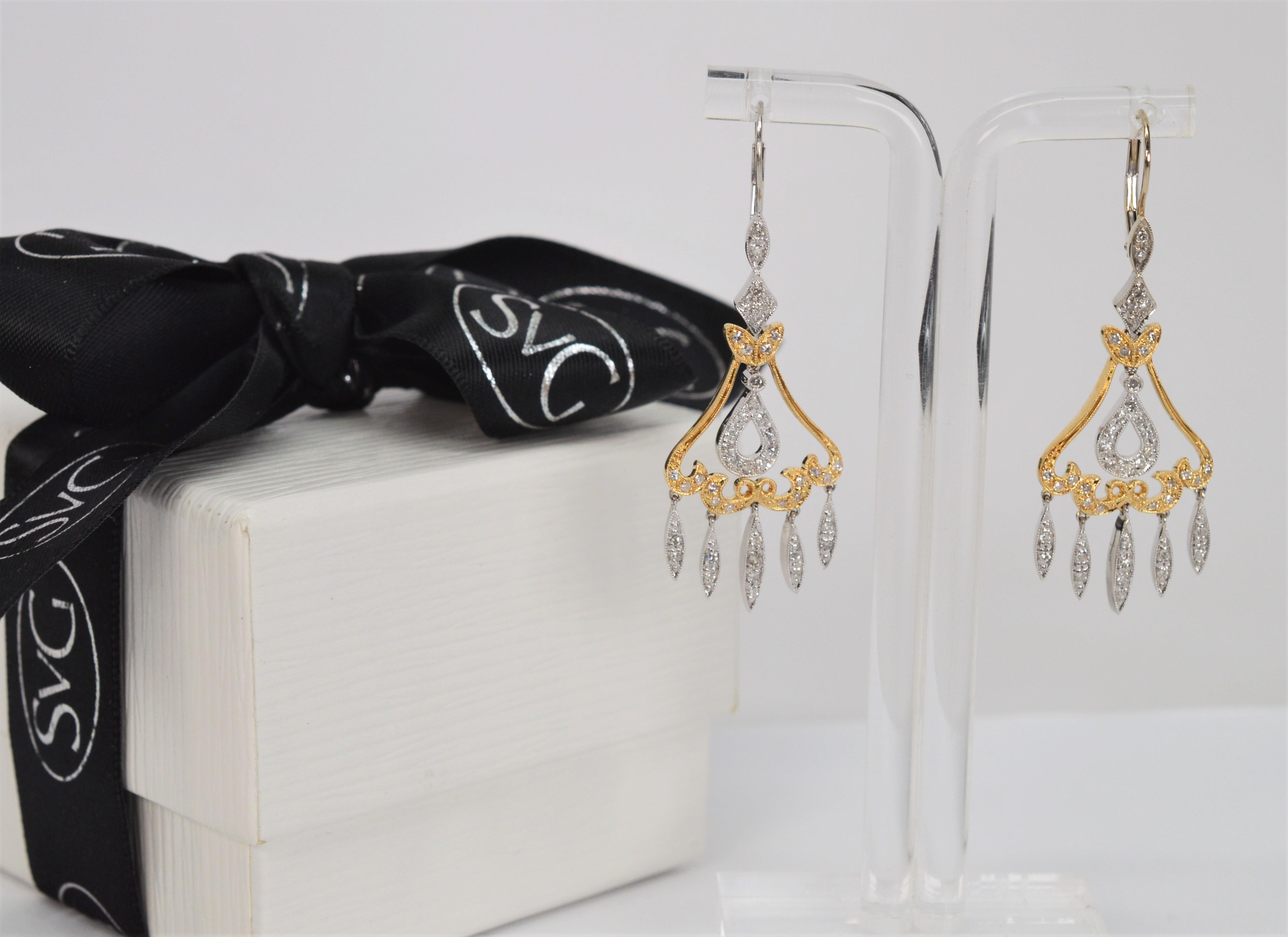 14 Karat White & Yellow Gold Diamond Chandelier Earrings In New Condition In Mount Kisco, NY