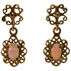 Antique Style 14 Karat Yellow Gold and Opal Drop Earrings